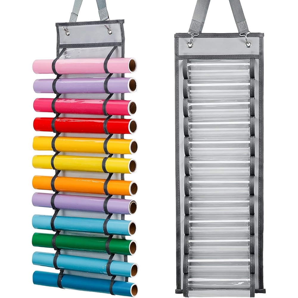 Caydo Vinyl Roll Holder with 12 Compartment, Hooks and Strap, Wall Mounting Vinyl Roll Storage Organizer for Vinyl Roll, Gift Wrap, Craft Paper for Home Closet (Single Sided)