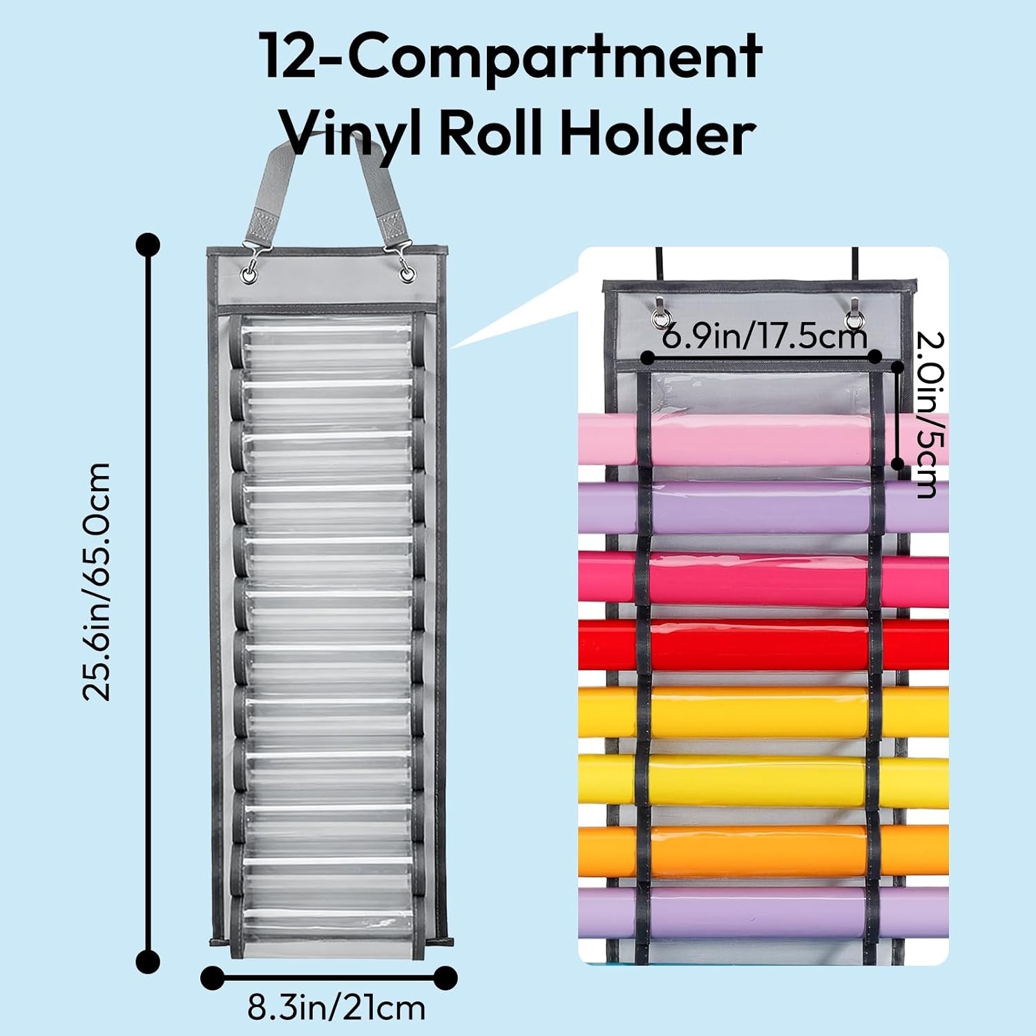 Caydo Vinyl Roll Holder with 12 Compartment, Hooks and Strap, Wall Mounting Vinyl Roll Storage Organizer for Vinyl Roll, Gift Wrap, Craft Paper for Home Closet (Single Sided)