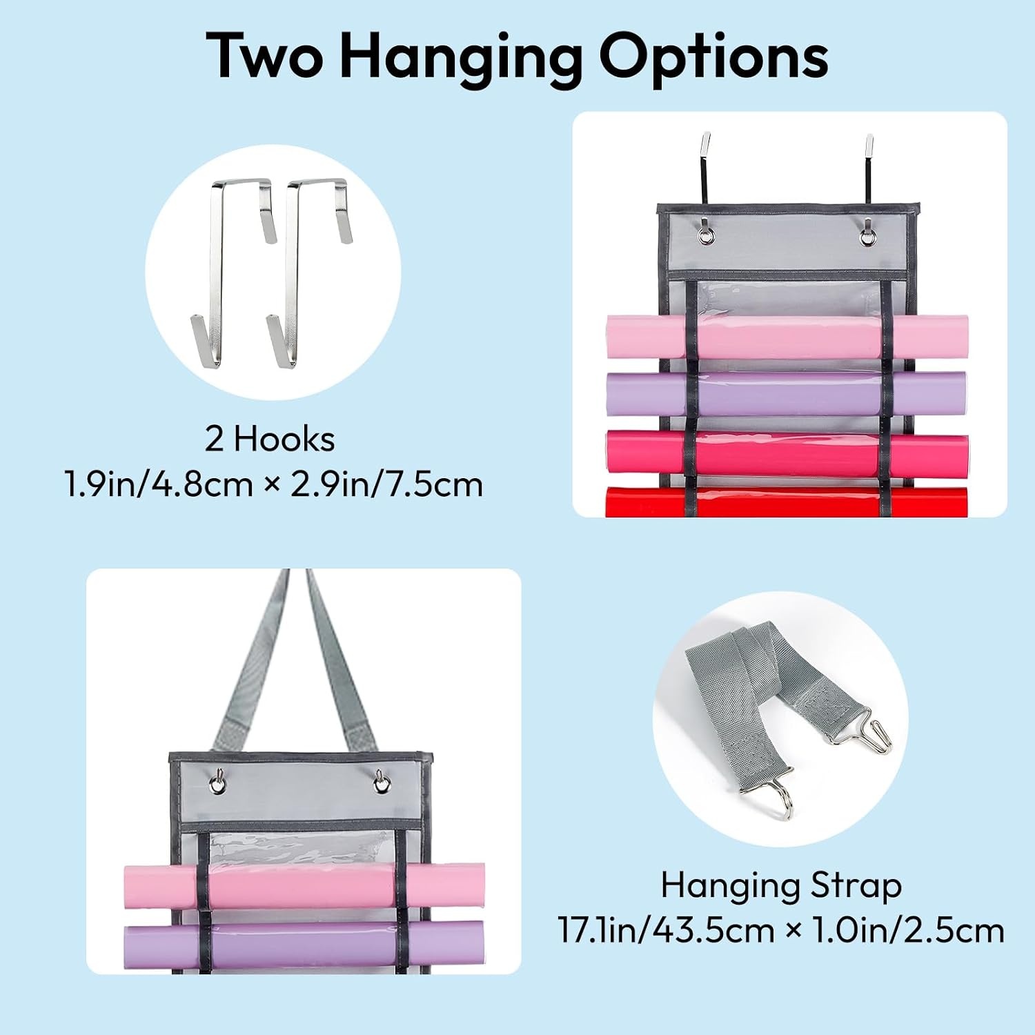 Caydo Vinyl Roll Holder with 12 Compartment, Hooks and Strap, Wall Mounting Vinyl Roll Storage Organizer for Vinyl Roll, Gift Wrap, Craft Paper for Home Closet (Single Sided)