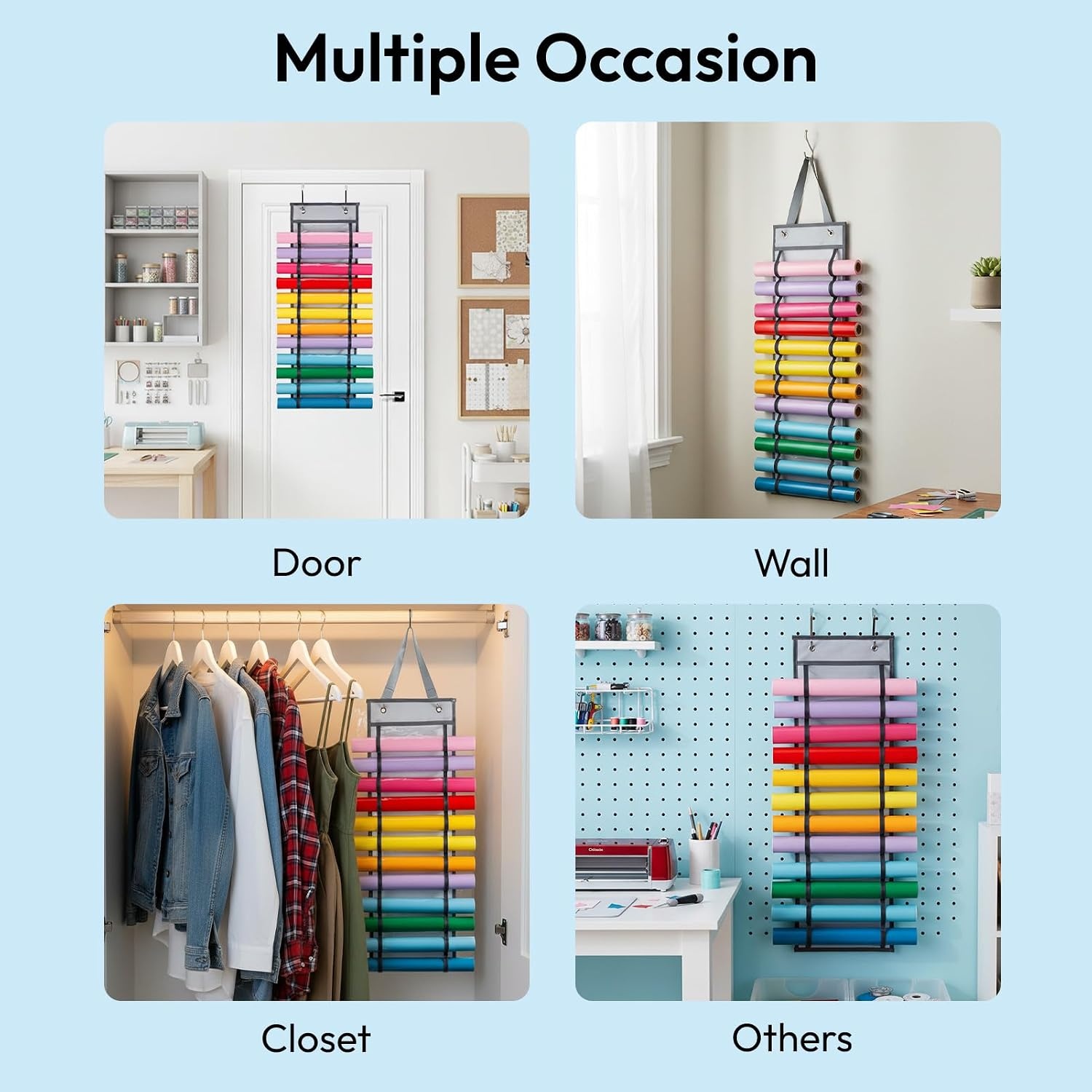 Caydo Vinyl Roll Holder with 12 Compartment, Hooks and Strap, Wall Mounting Vinyl Roll Storage Organizer for Vinyl Roll, Gift Wrap, Craft Paper for Home Closet (Single Sided)