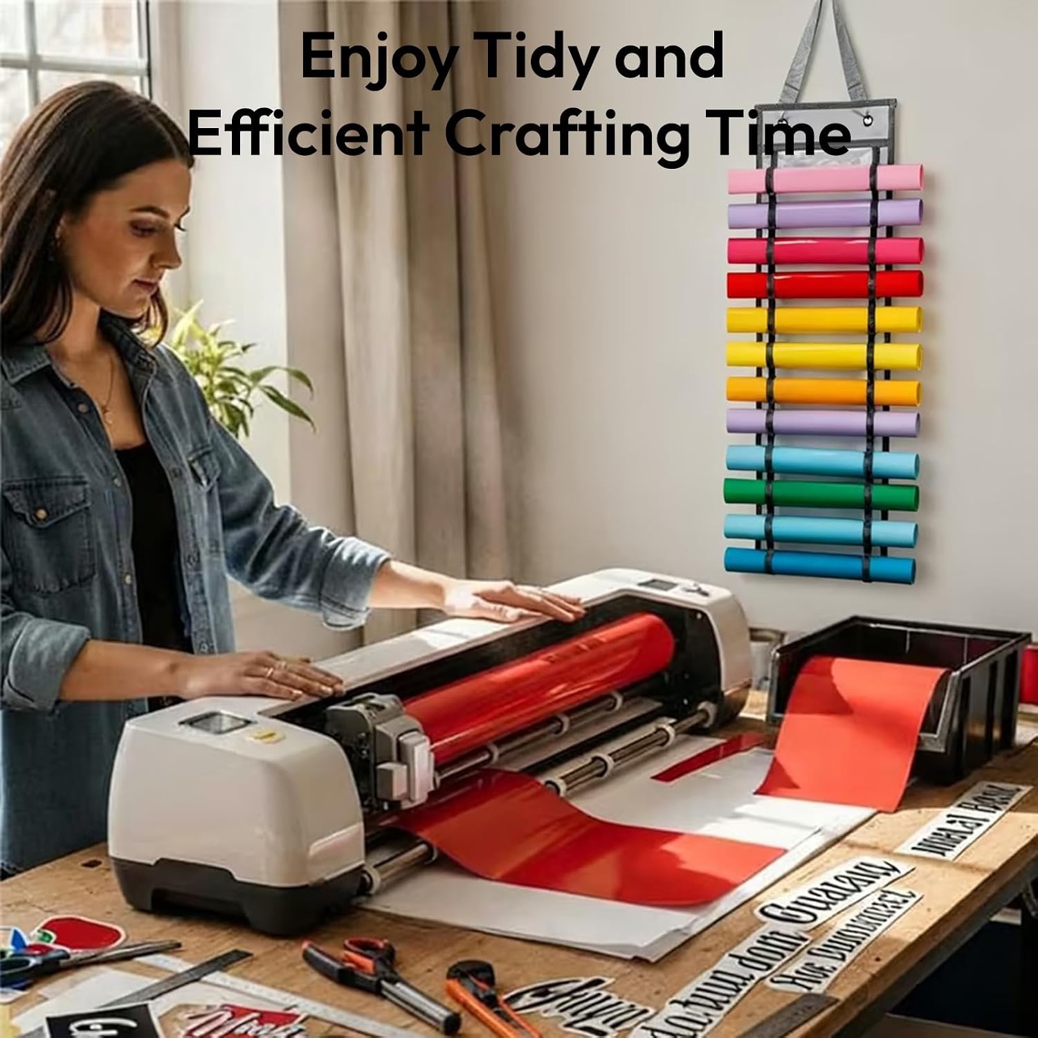 Caydo Vinyl Roll Holder with 12 Compartment, Hooks and Strap, Wall Mounting Vinyl Roll Storage Organizer for Vinyl Roll, Gift Wrap, Craft Paper for Home Closet (Single Sided)
