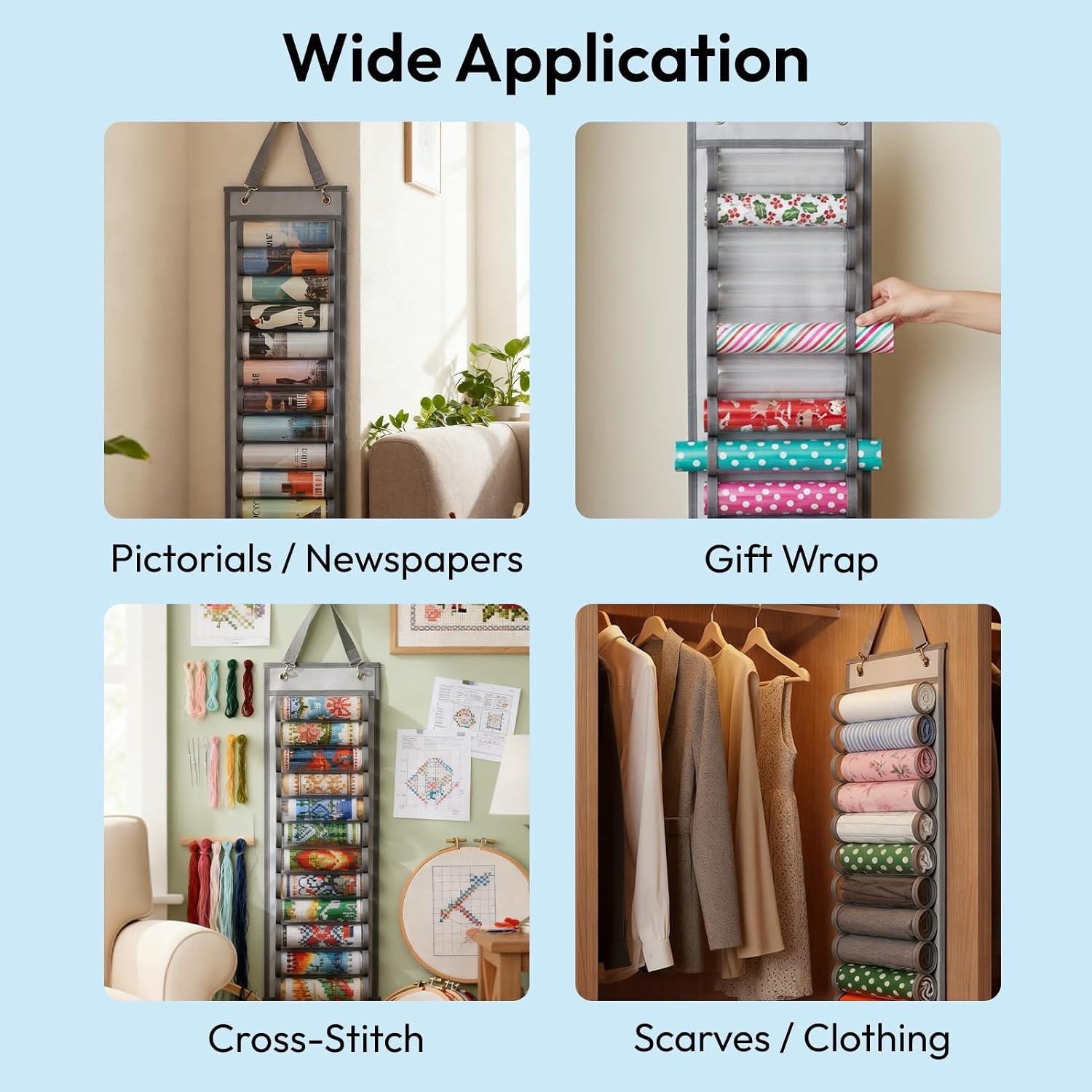 Caydo Vinyl Roll Holder with 12 Compartment, Hooks and Strap, Wall Mounting Vinyl Roll Storage Organizer for Vinyl Roll, Gift Wrap, Craft Paper for Home Closet (Single Sided)
