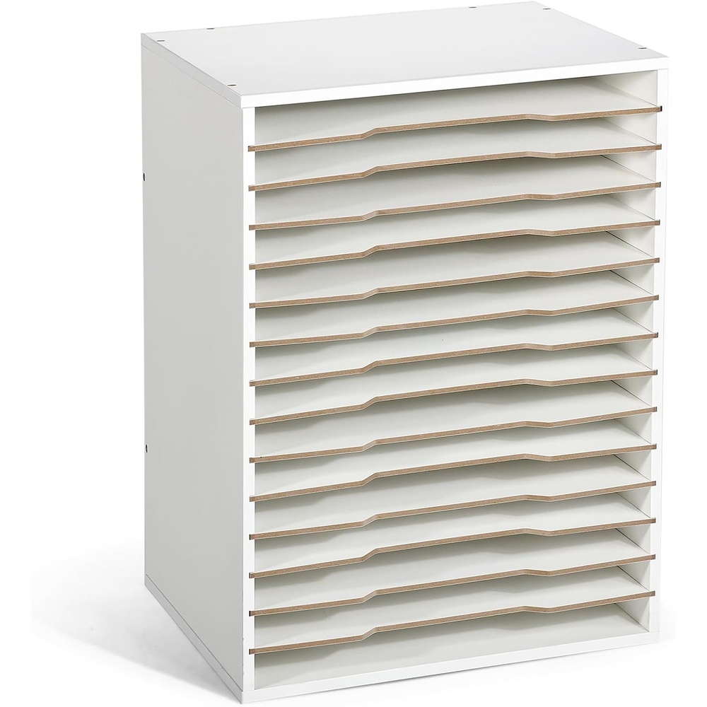 Caydo 15 Slot Paper Organizer Storage, Wood Adjustable Shelves Paper Storage Shelf with Extraction Slot for 12x12Inch Scrapbooks, Heat Transfer Papers, Files, Vinyl for Office, Home (White)(15 Slot 12″x12″)