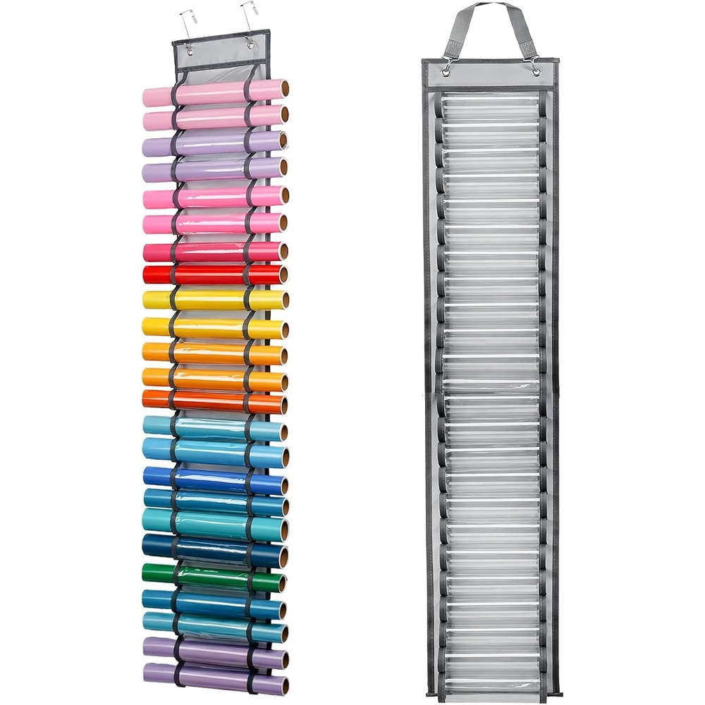 Caydo Vinyl Roll Holder with 24 Compartment, Hooks and Strap, Wall Mounting Vinyl Roll Storage Organizer for Gift Wrap, Craft Paper for Home Closet (Single Sided)