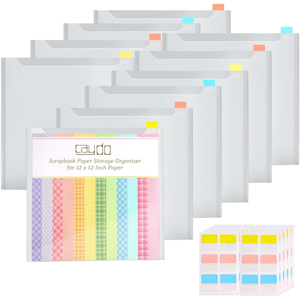 Caydo Scrapbook Paper Storage Organizer with 60 Sticky Index Tabs, 10 Pack Plastic Paper Storage Bag for Holding 12 x 12 Inch Scrapbooking Cardstock Vinyl File