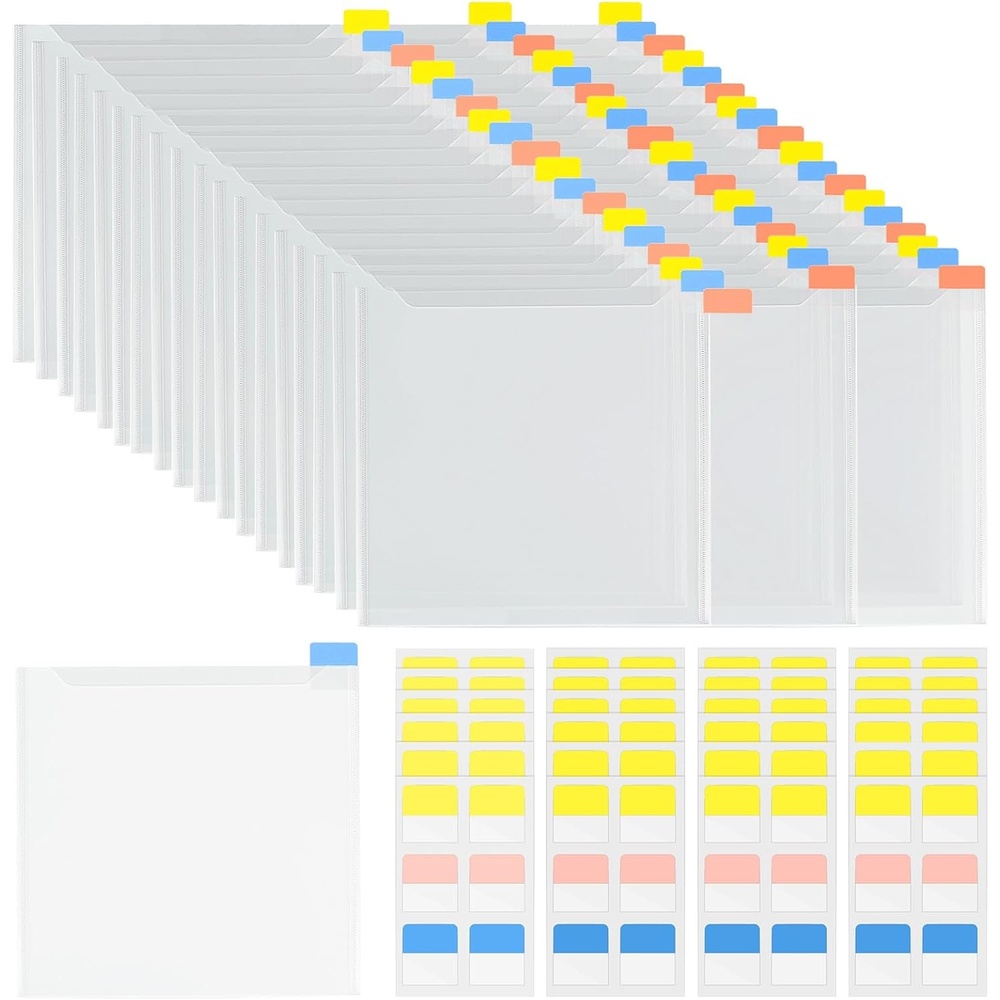 Caydo 60PCS 6×6 Inch Paper Storage Without Closure, Clear Plastic Sleeves with 120PCS Sticky Index Tabs for Organizing Scrapbook, Cardstock, Origami Paper, Cookie Stencil