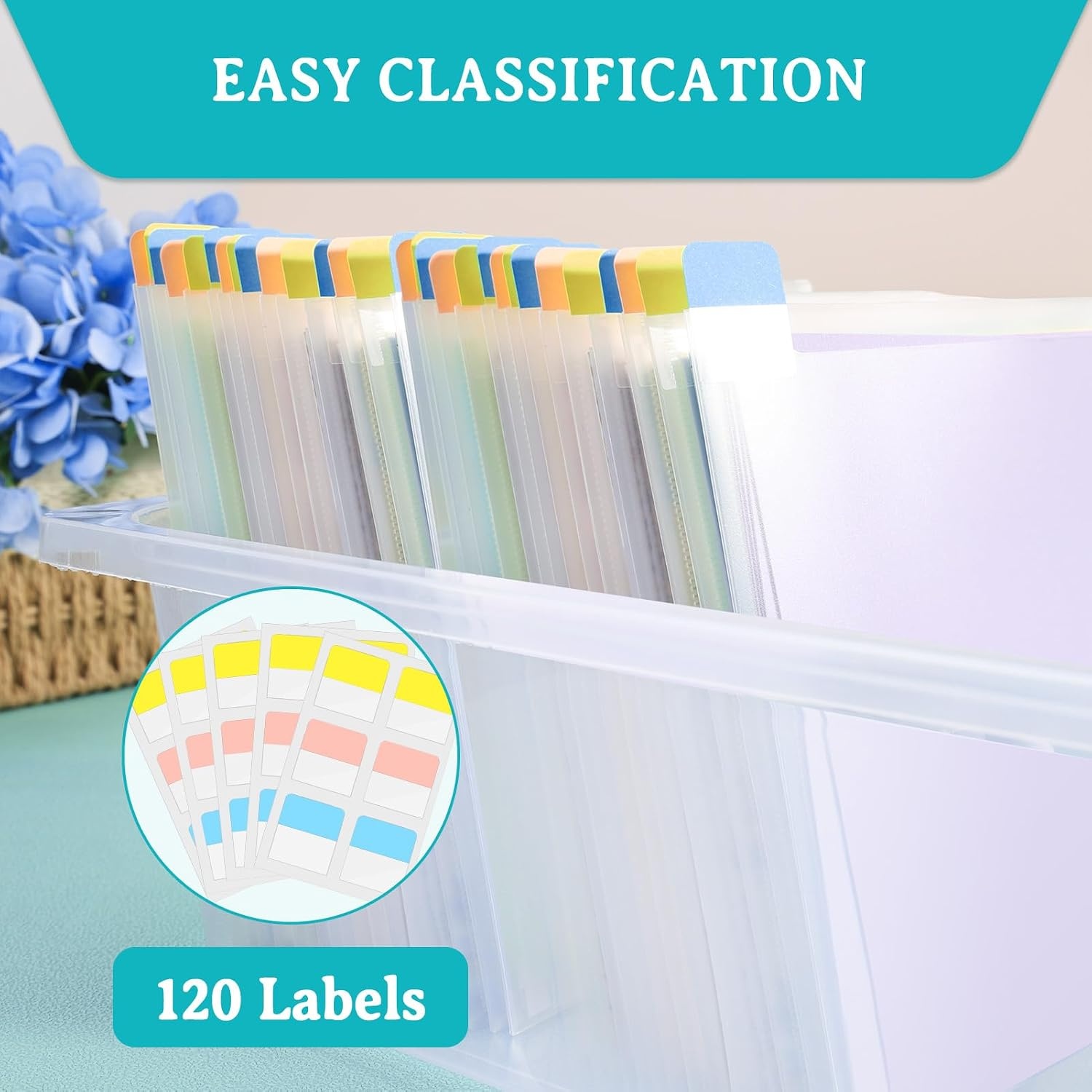Caydo 60PCS 6×6 Inch Paper Storage Without Closure, Clear Plastic Sleeves with 120PCS Sticky Index Tabs for Organizing Scrapbook, Cardstock, Origami Paper, Cookie Stencil