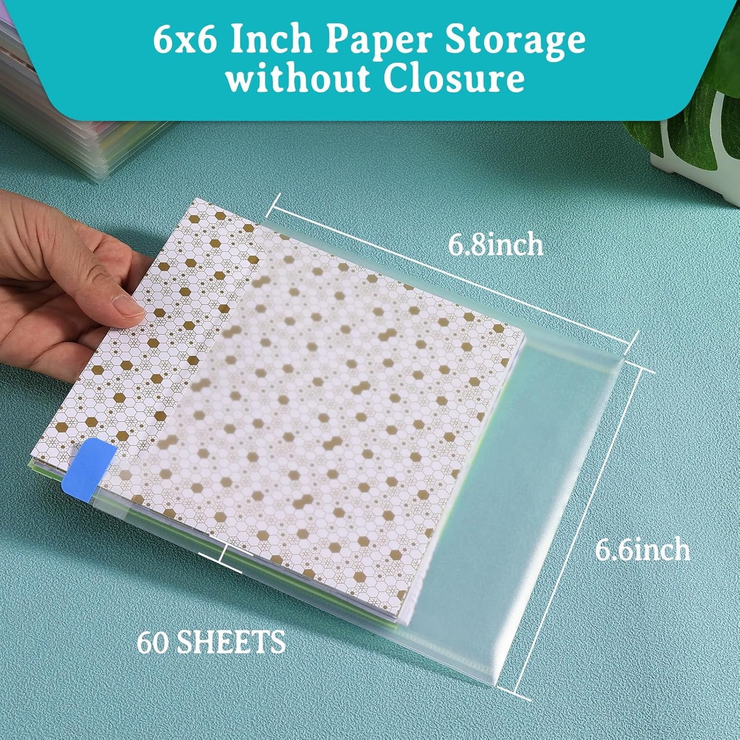 Caydo 60PCS 6×6 Inch Paper Storage Without Closure, Clear Plastic Sleeves with 120PCS Sticky Index Tabs for Organizing Scrapbook, Cardstock, Origami Paper, Cookie Stencil