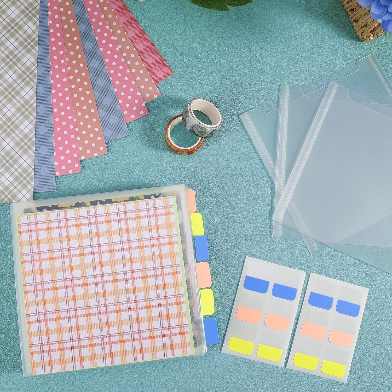Caydo 60PCS 6×6 Inch Paper Storage Without Closure, Clear Plastic Sleeves with 120PCS Sticky Index Tabs for Organizing Scrapbook, Cardstock, Origami Paper, Cookie Stencil