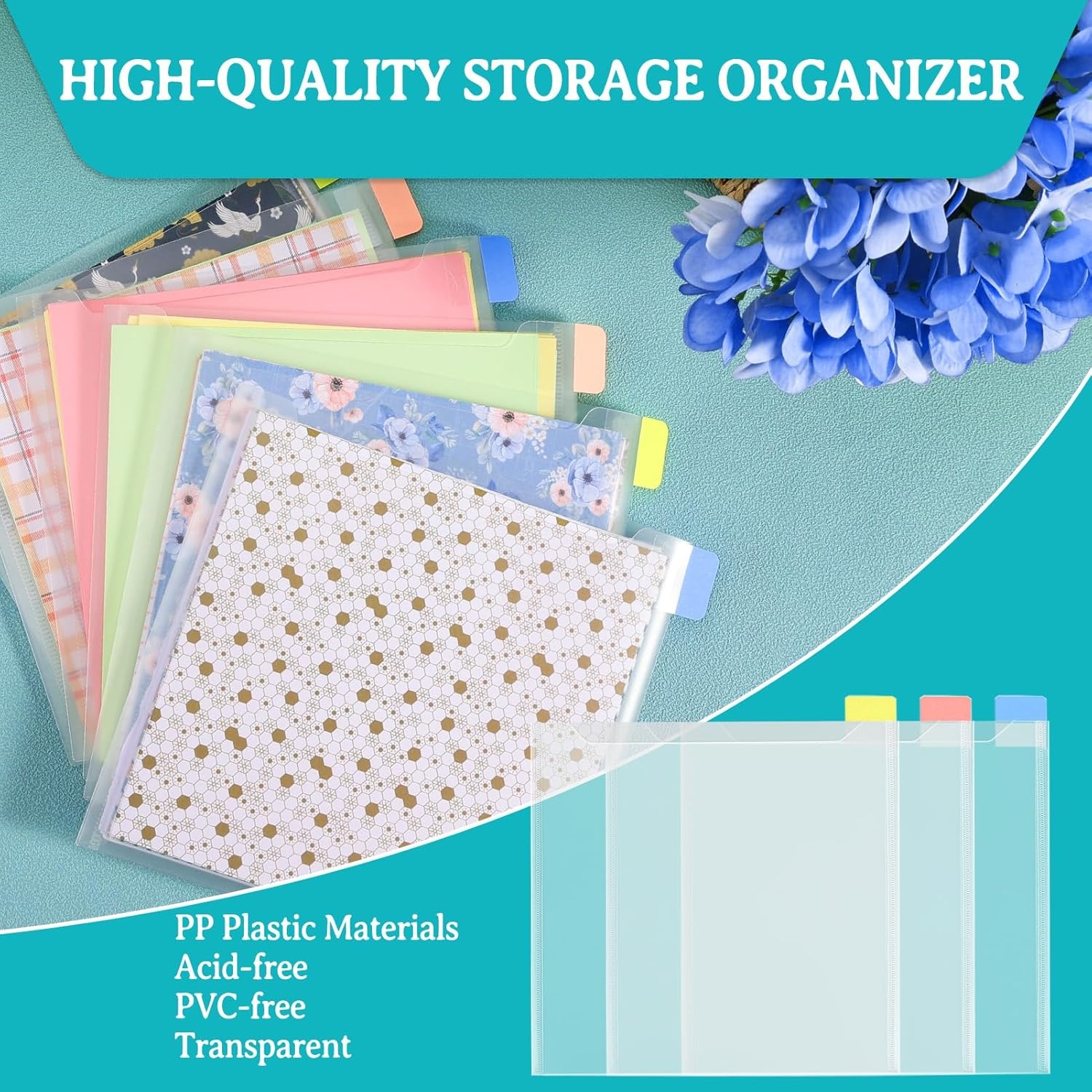 Caydo 60PCS 6×6 Inch Paper Storage Without Closure, Clear Plastic Sleeves with 120PCS Sticky Index Tabs for Organizing Scrapbook, Cardstock, Origami Paper, Cookie Stencil