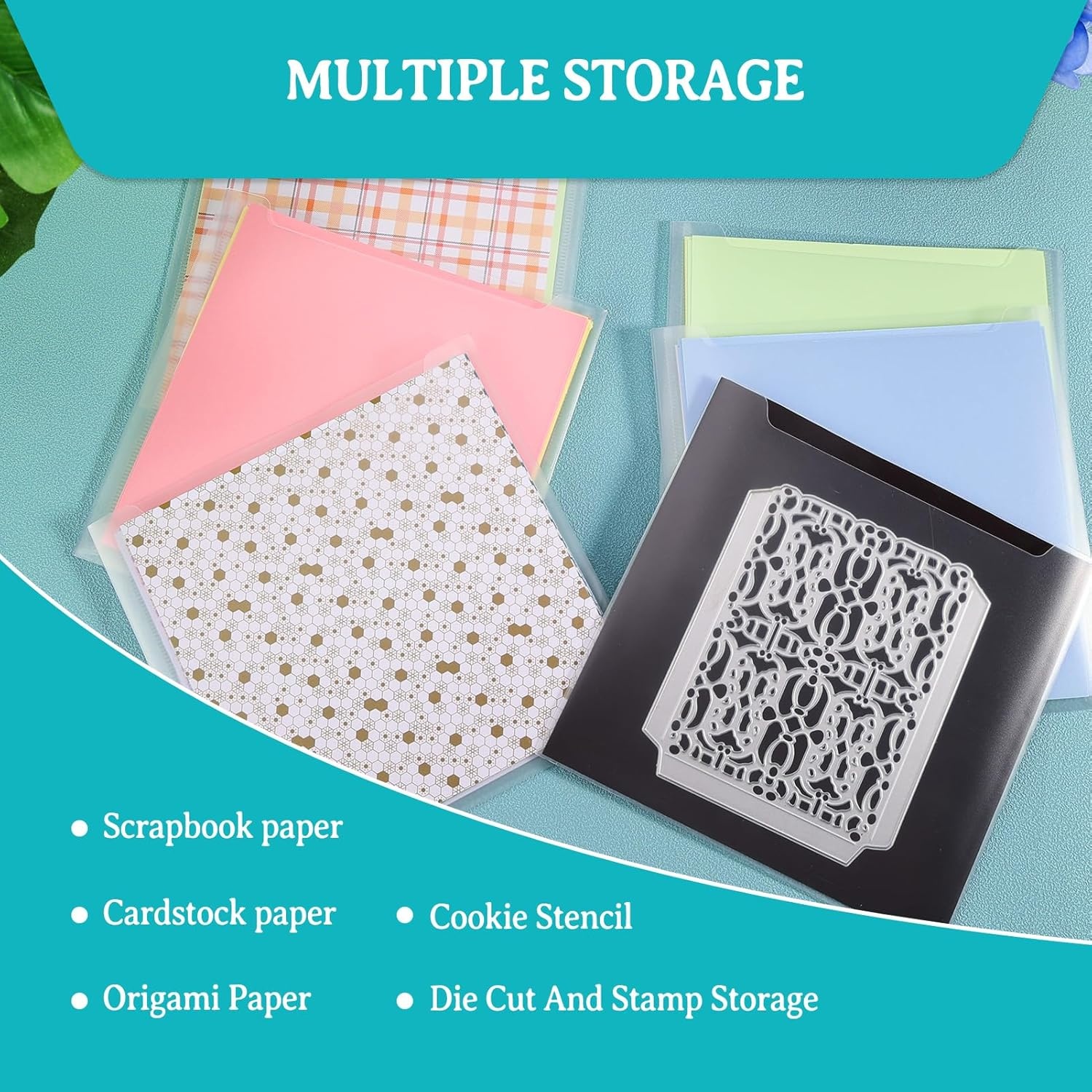 Caydo 60PCS 6×6 Inch Paper Storage Without Closure, Clear Plastic Sleeves with 120PCS Sticky Index Tabs for Organizing Scrapbook, Cardstock, Origami Paper, Cookie Stencil