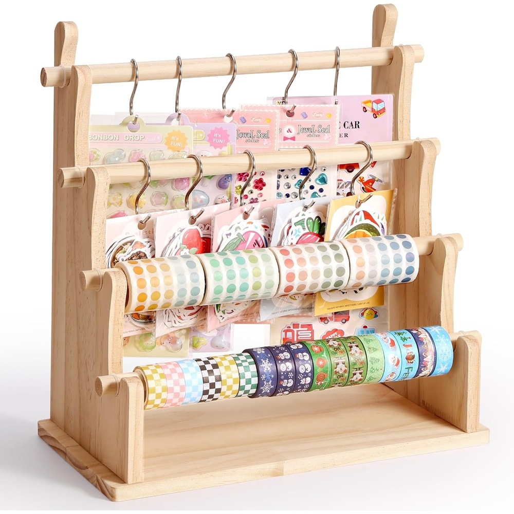 Caydo Washi Tape Organizer & Sticker Organizer, 4-Tier Wooden Display Rack for Craft Storage, Sticker Rolls, Ribbons & Bracelets for Sticker Collectors, Planner Enthusiasts, and Vendors