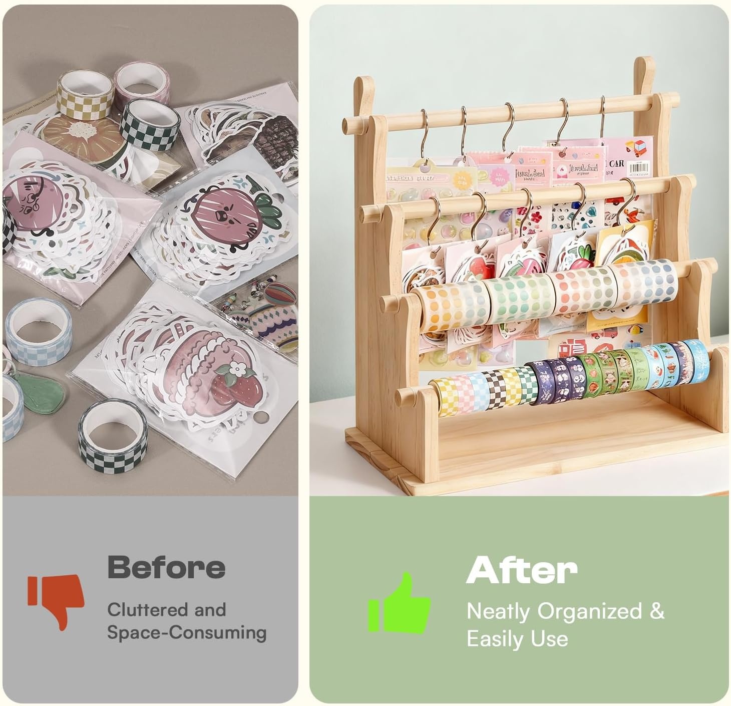 Caydo Washi Tape Organizer & Sticker Organizer, 4-Tier Wooden Display Rack for Craft Storage, Sticker Rolls, Ribbons & Bracelets for Sticker Collectors, Planner Enthusiasts, and Vendors