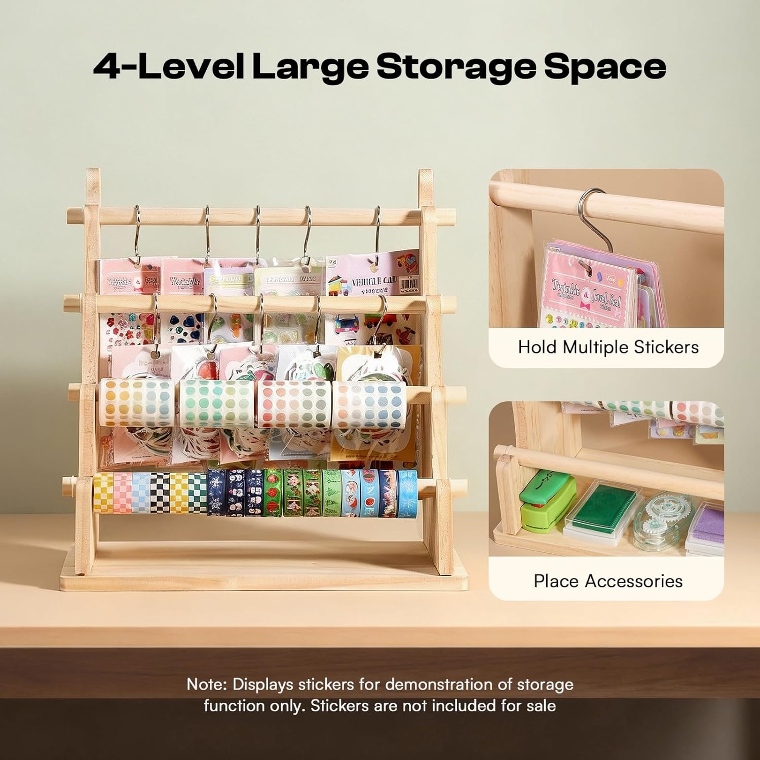 Caydo Washi Tape Organizer & Sticker Organizer, 4-Tier Wooden Display Rack for Craft Storage, Sticker Rolls, Ribbons & Bracelets for Sticker Collectors, Planner Enthusiasts, and Vendors