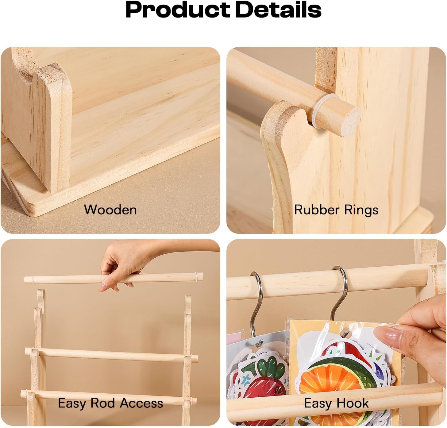 Caydo Washi Tape Organizer & Sticker Organizer, 4-Tier Wooden Display Rack for Craft Storage, Sticker Rolls, Ribbons & Bracelets for Sticker Collectors, Planner Enthusiasts, and Vendors