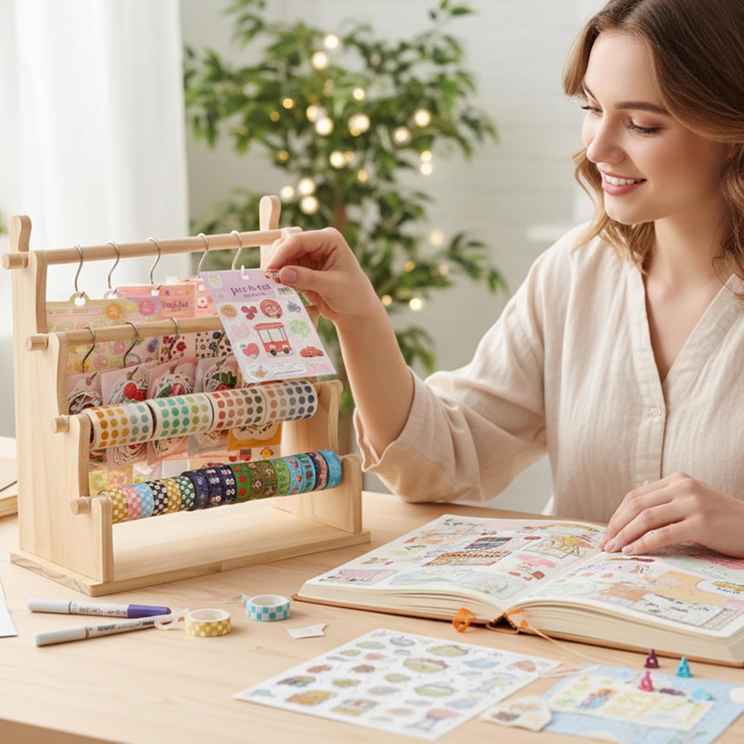 Caydo Washi Tape Organizer & Sticker Organizer, 4-Tier Wooden Display Rack for Craft Storage, Sticker Rolls, Ribbons & Bracelets for Sticker Collectors, Planner Enthusiasts, and Vendors
