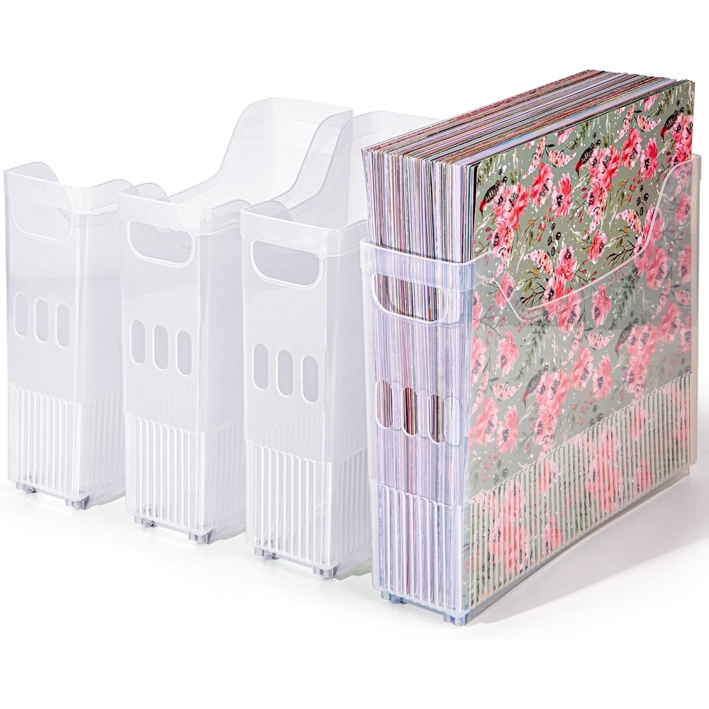 Caydo 4 Pack Scrapbook Paper Storage with Wheels, Plastic Scrapbook Storage Bin for Holding 12″ x 12″ Papers, Scrapbook Papers, Vinyl Sheets, Cardstocks