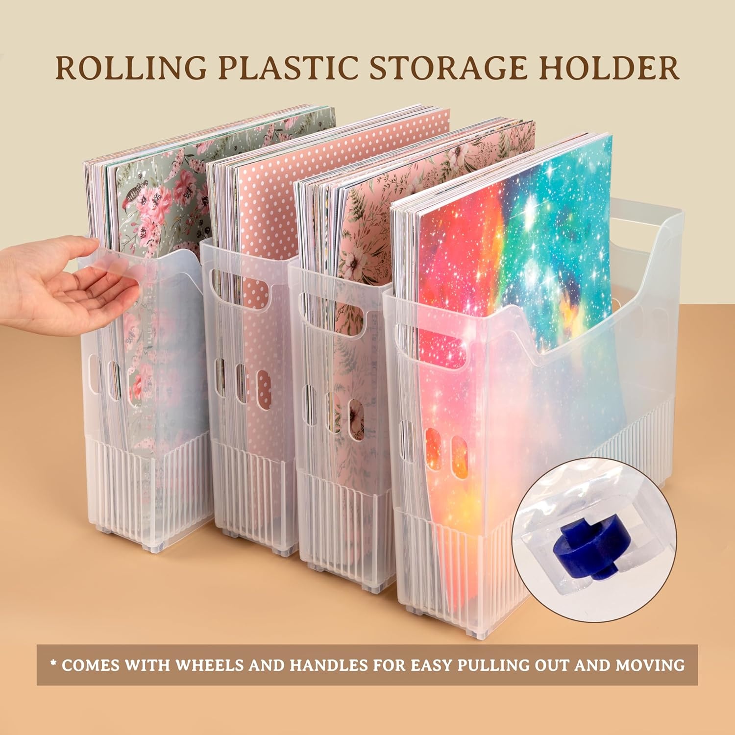 Caydo 4 Pack Scrapbook Paper Storage with Wheels, Plastic Scrapbook Storage Bin for Holding 12″ x 12″ Papers, Scrapbook Papers, Vinyl Sheets, Cardstocks