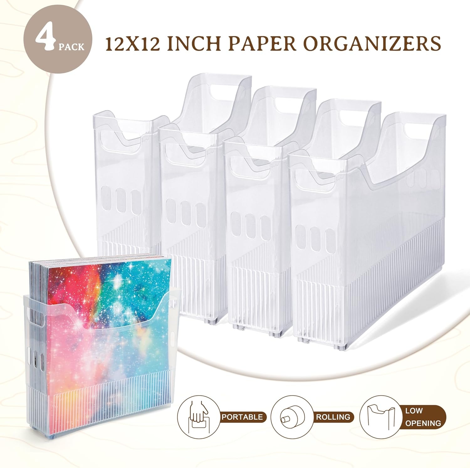 Caydo 4 Pack Scrapbook Paper Storage with Wheels, Plastic Scrapbook Storage Bin for Holding 12″ x 12″ Papers, Scrapbook Papers, Vinyl Sheets, Cardstocks