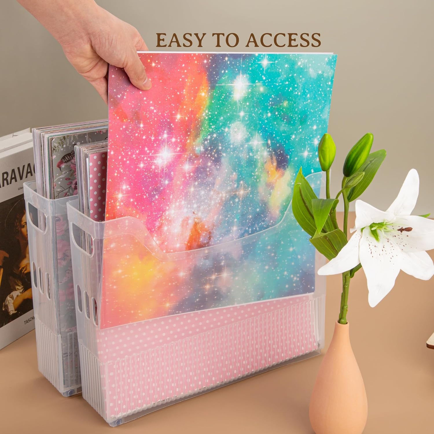 Caydo 4 Pack Scrapbook Paper Storage with Wheels, Plastic Scrapbook Storage Bin for Holding 12″ x 12″ Papers, Scrapbook Papers, Vinyl Sheets, Cardstocks