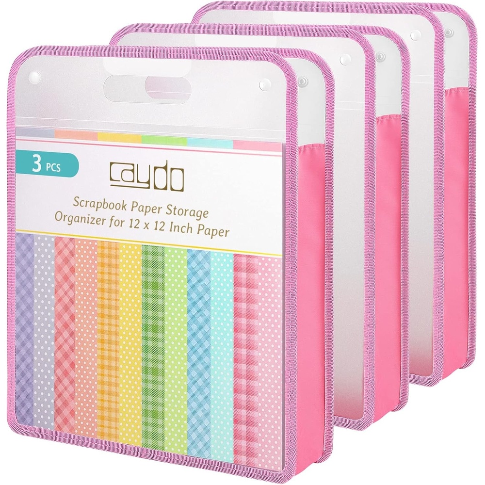 Caydo Scrapbook Paper Storage Organizer, Pink Expanding Paper Folio for 12 x 12 Sheets, Scrapbook Storage with Transparent Portable Handle for Holding Scrapbooking, Vinyl, Cardstock(Pink)