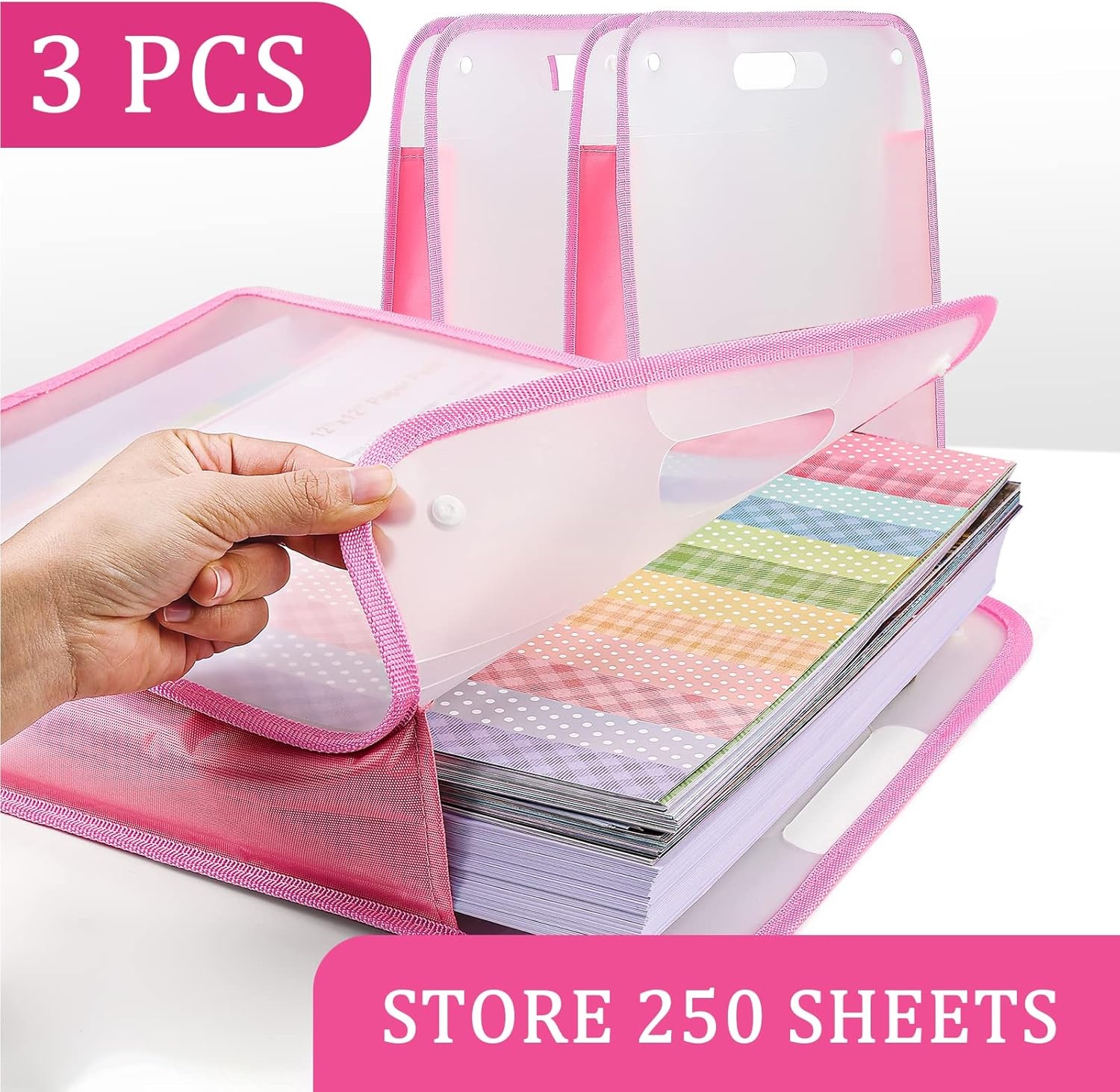 Caydo Scrapbook Paper Storage Organizer, Pink Expanding Paper Folio for 12 x 12 Sheets, Scrapbook Storage with Transparent Portable Handle for Holding Scrapbooking, Vinyl, Cardstock(Pink)