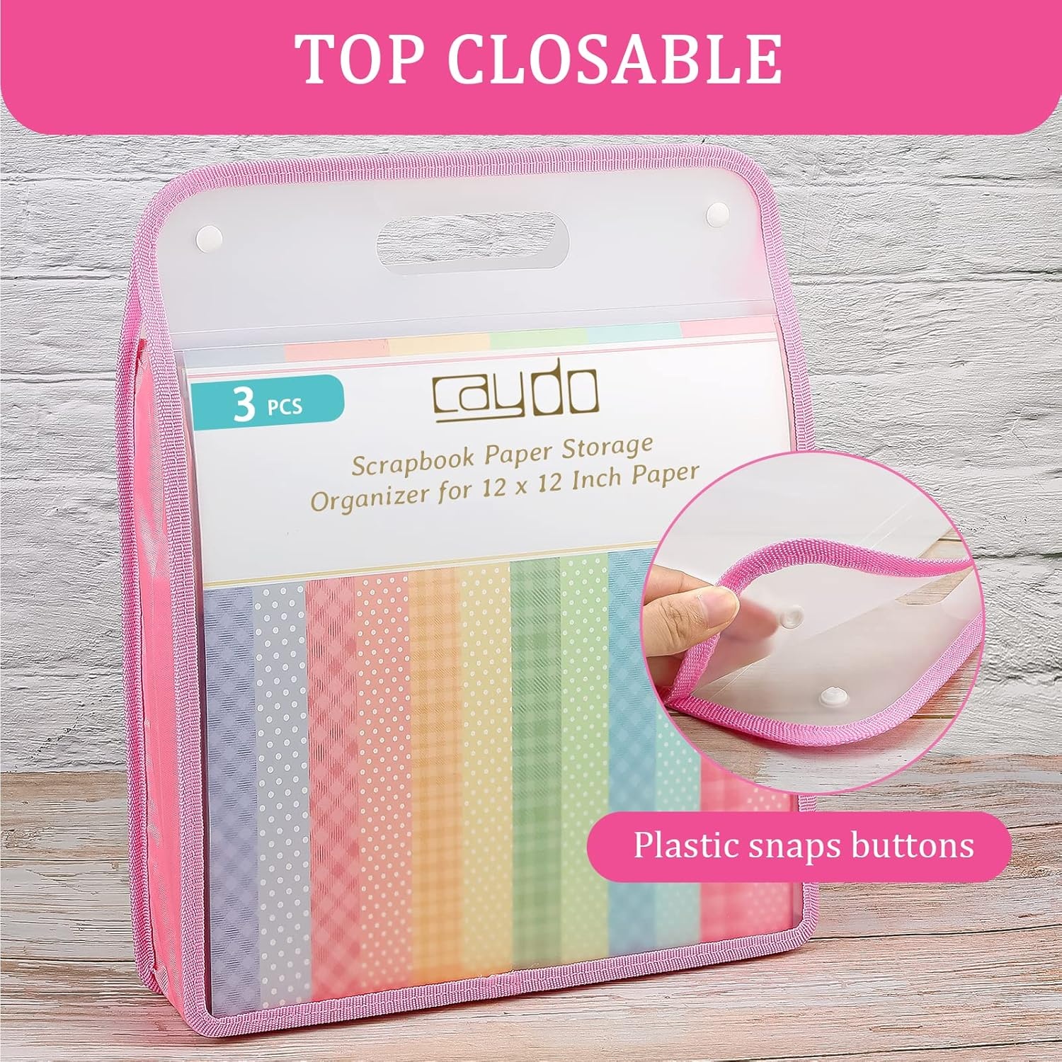 Caydo Scrapbook Paper Storage Organizer, Pink Expanding Paper Folio for 12 x 12 Sheets, Scrapbook Storage with Transparent Portable Handle for Holding Scrapbooking, Vinyl, Cardstock(Pink)