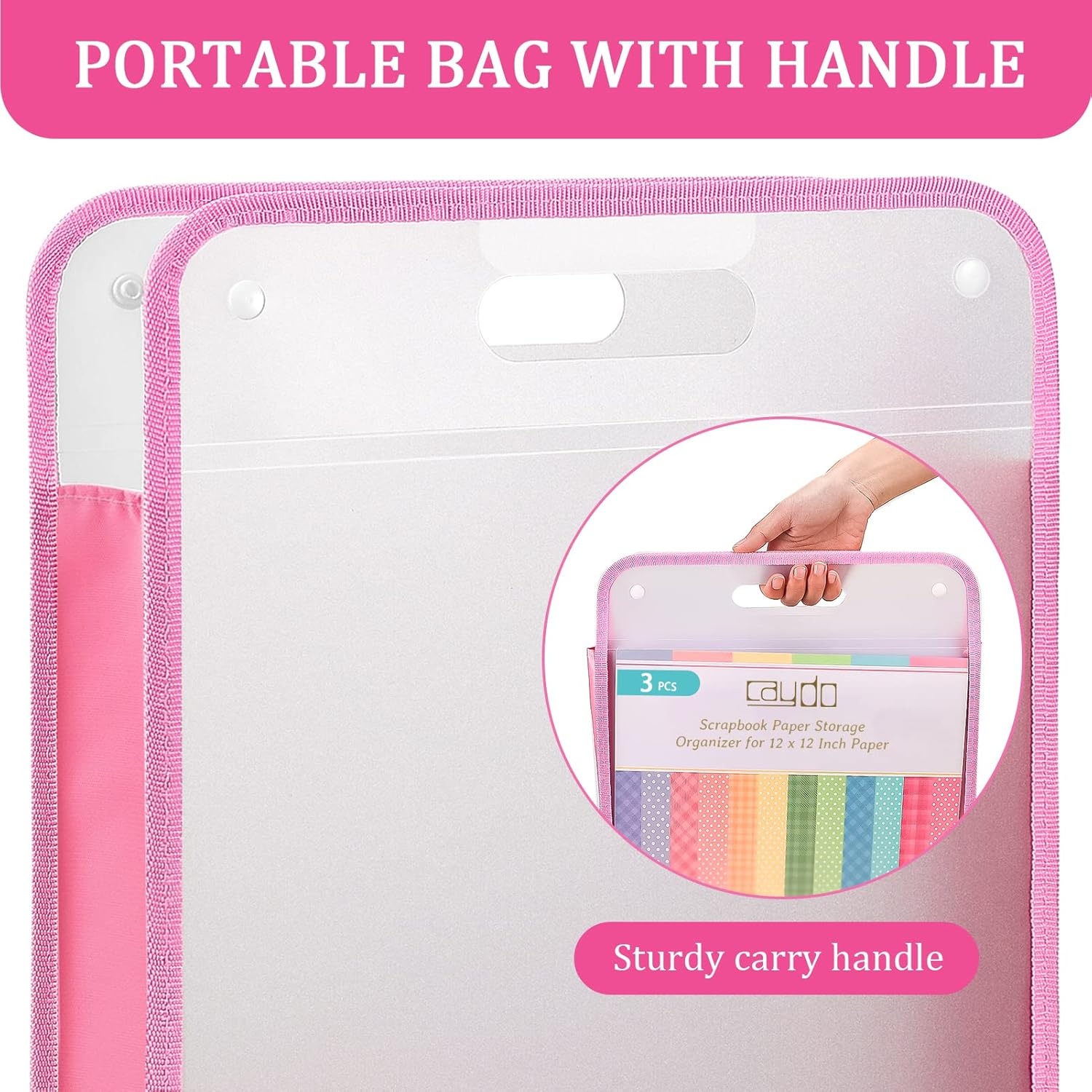Caydo Scrapbook Paper Storage Organizer, Pink Expanding Paper Folio for 12 x 12 Sheets, Scrapbook Storage with Transparent Portable Handle for Holding Scrapbooking, Vinyl, Cardstock(Pink)