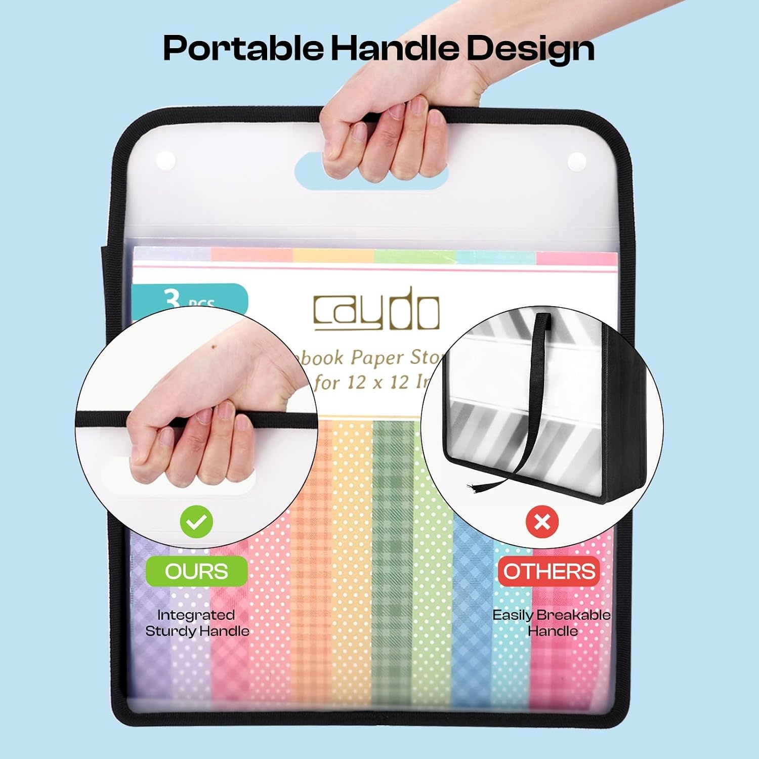 Caydo Scrapbook Paper Storage Organizer, Pink Expanding Paper Folio for 12 x 12 Sheets, Scrapbook Storage with Transparent Portable Handle for Holding Scrapbooking, Vinyl, Cardstock(Pink)