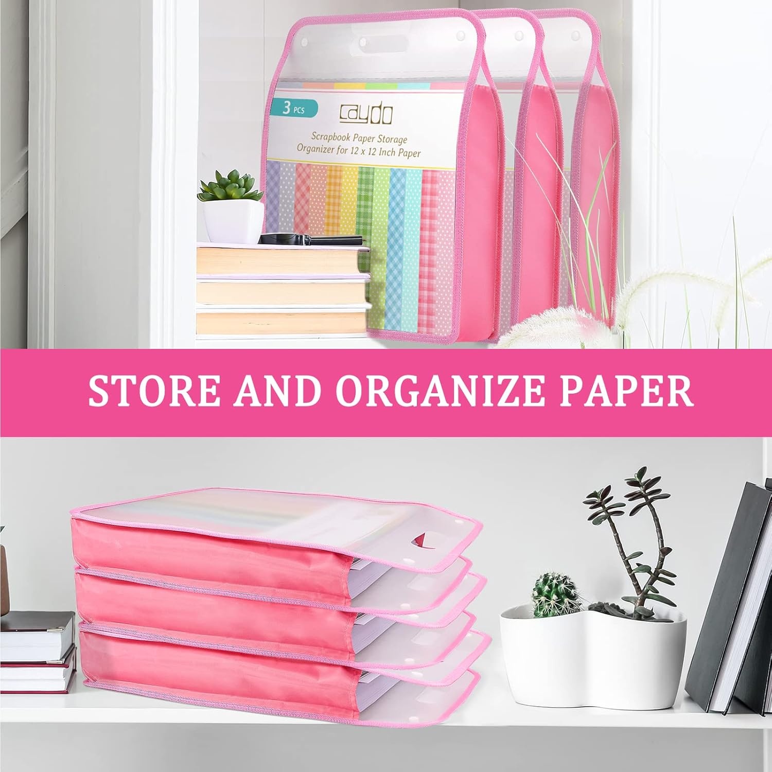 Caydo Scrapbook Paper Storage Organizer, Pink Expanding Paper Folio for 12 x 12 Sheets, Scrapbook Storage with Transparent Portable Handle for Holding Scrapbooking, Vinyl, Cardstock(Pink)