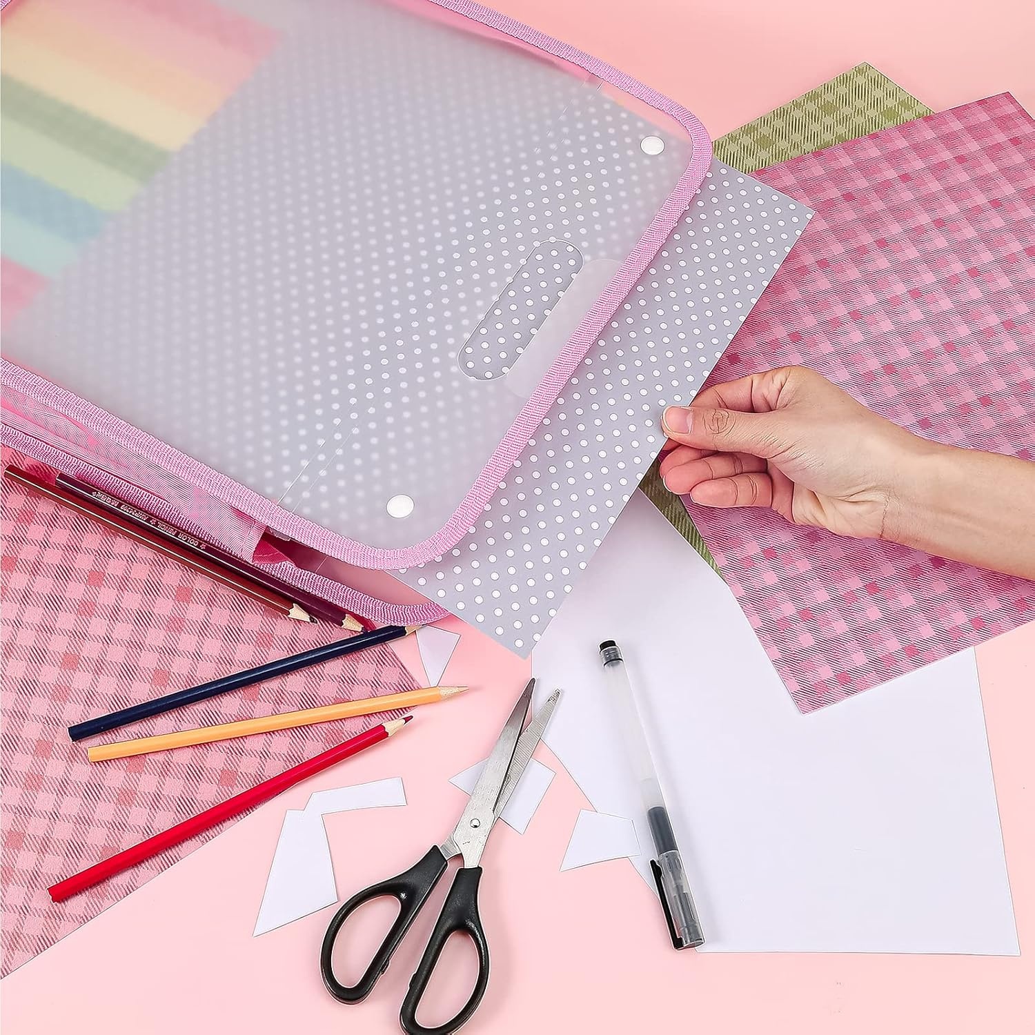 Caydo Scrapbook Paper Storage Organizer, Pink Expanding Paper Folio for 12 x 12 Sheets, Scrapbook Storage with Transparent Portable Handle for Holding Scrapbooking, Vinyl, Cardstock(Pink)