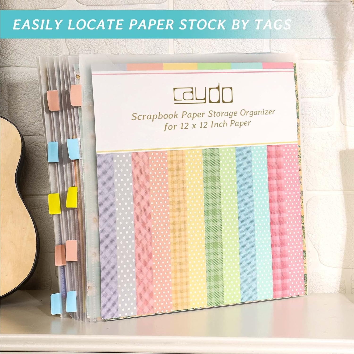 Caydo 82 Pieces Scrapbook Paper Storage Organizer with 120 Pieces Sticky Index Tabs, 12×12 Paper Storage Organizer Holds Scrapbooking, Vinyl Paper, Cardstock