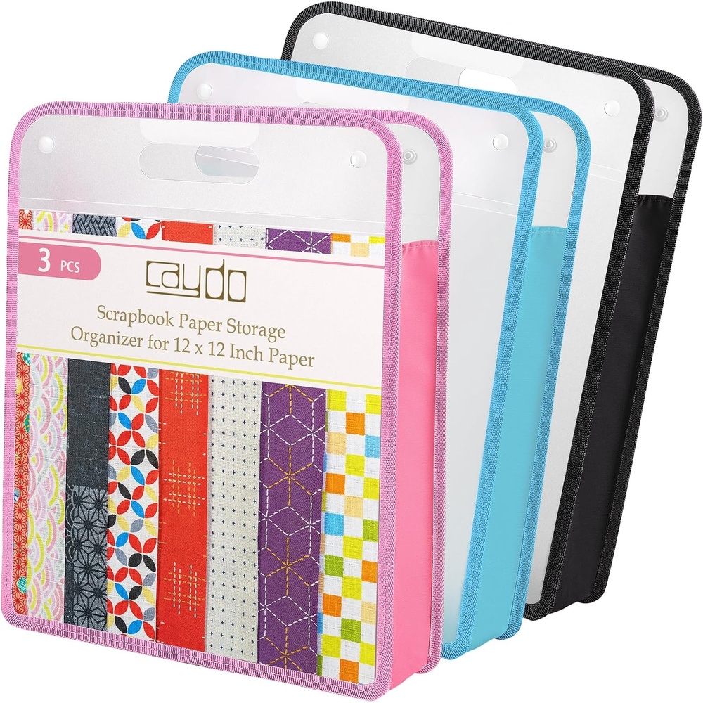 Caydo Scrapbook Paper Storage Organizer, Pink Expanding Paper Folio for 12 x 12 Sheets, Scrapbook Storage with Transparent Portable Handle for Holding Scrapbooking, Vinyl, Cardstock(Blue-Pink-Black)