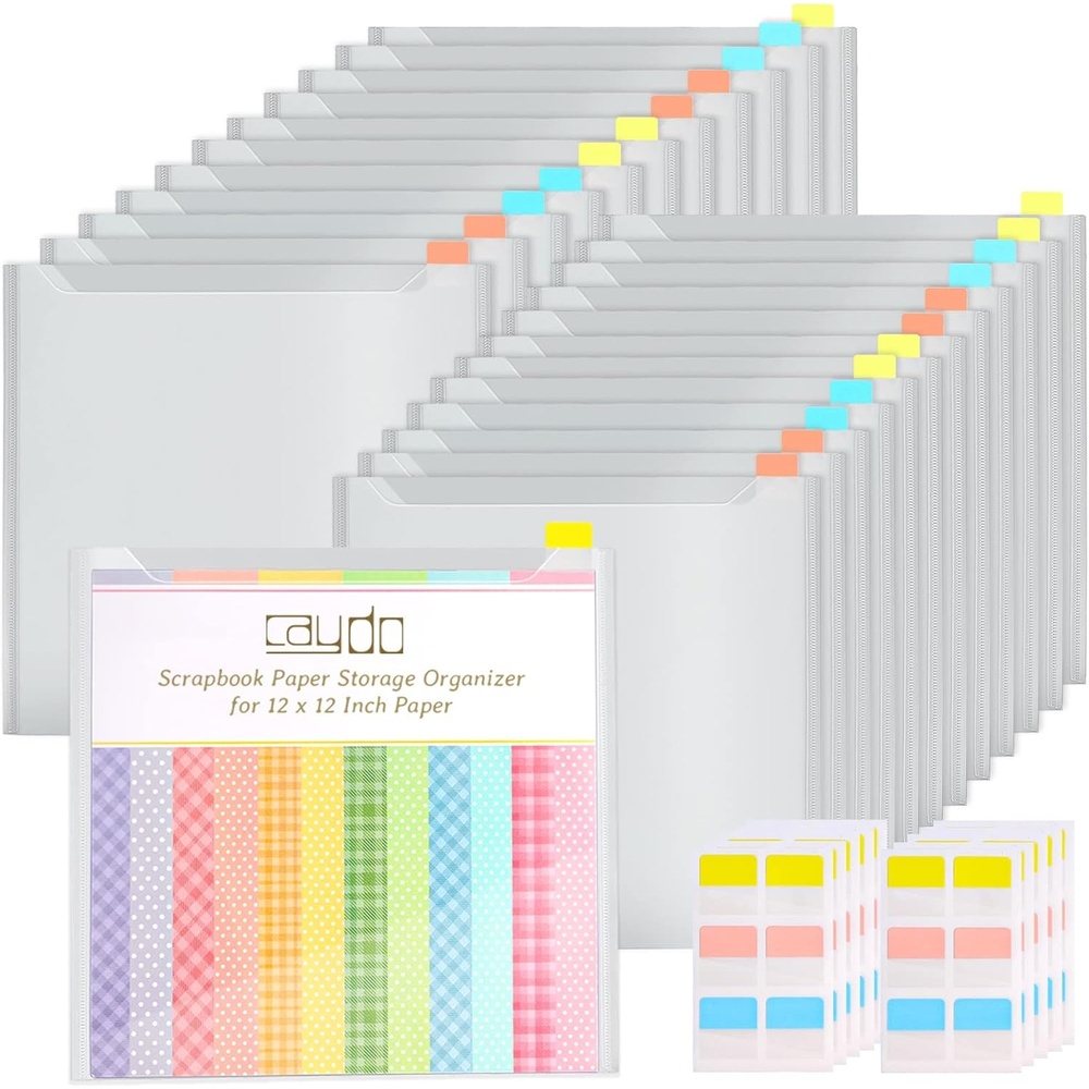 Caydo 12 Pieces Scrapbook Paper Storage with Sticky Index Tabs for Holding 12 x 12 Inch Scrapbooking, Cardstock, Vinyl Paper, Photos and File(24)