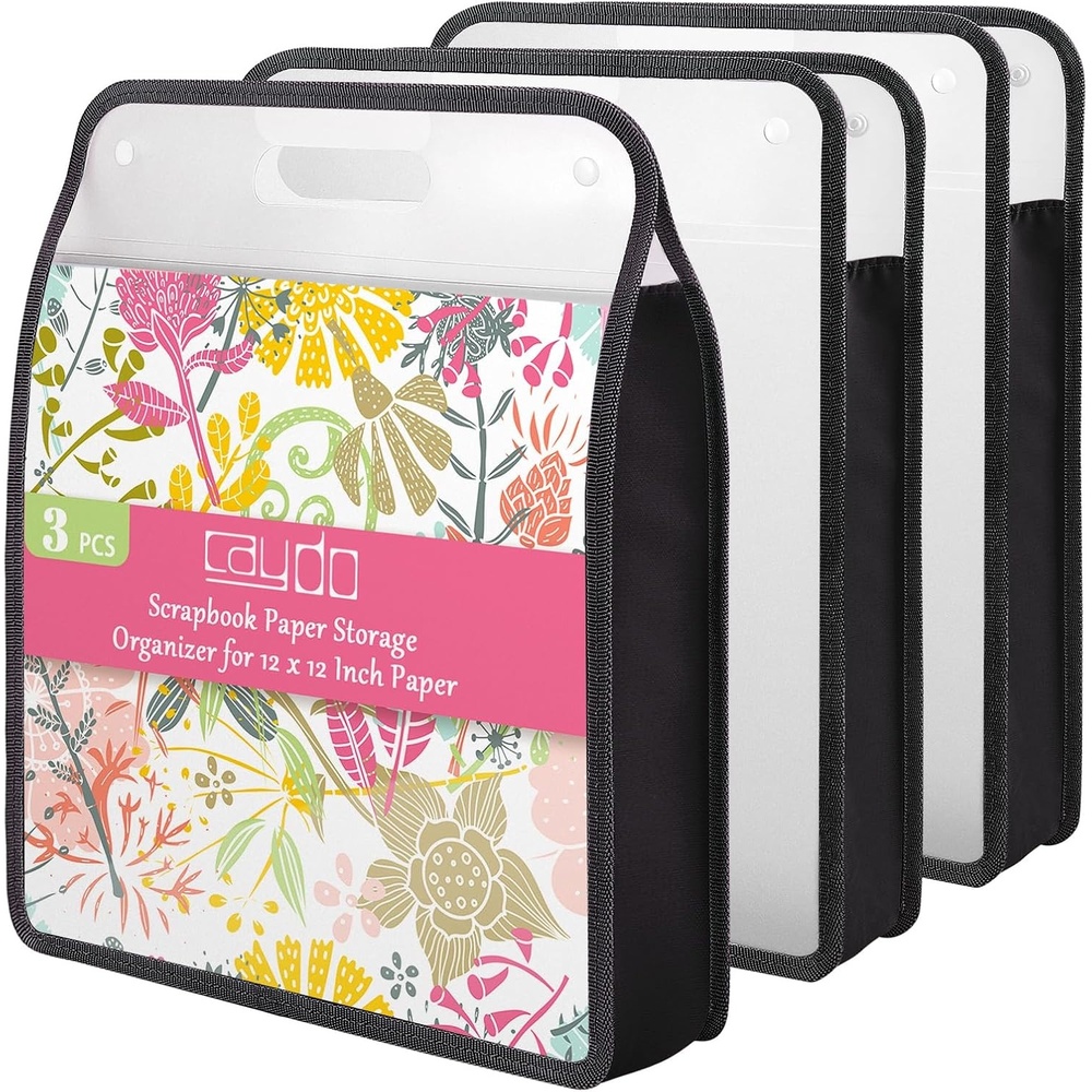 Caydo Scrapbook Paper Storage Organizer, Pink Expanding Paper Folio for 12 x 12 Sheets, Scrapbook Storage with Transparent Portable Handle for Holding Scrapbooking, Vinyl, Cardstock(Black)