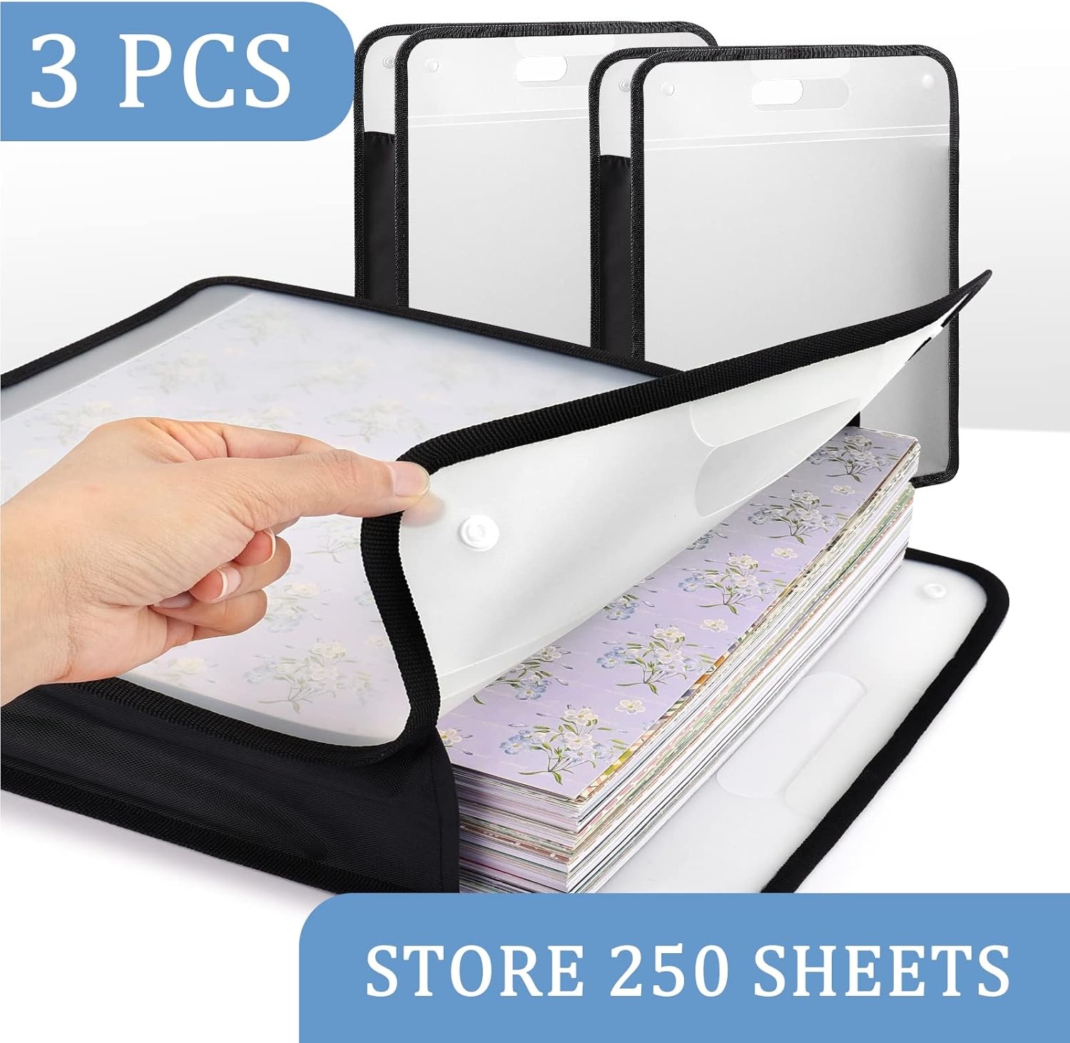 Caydo Scrapbook Paper Storage Organizer, Pink Expanding Paper Folio for 12 x 12 Sheets, Scrapbook Storage with Transparent Portable Handle for Holding Scrapbooking, Vinyl, Cardstock(Black)