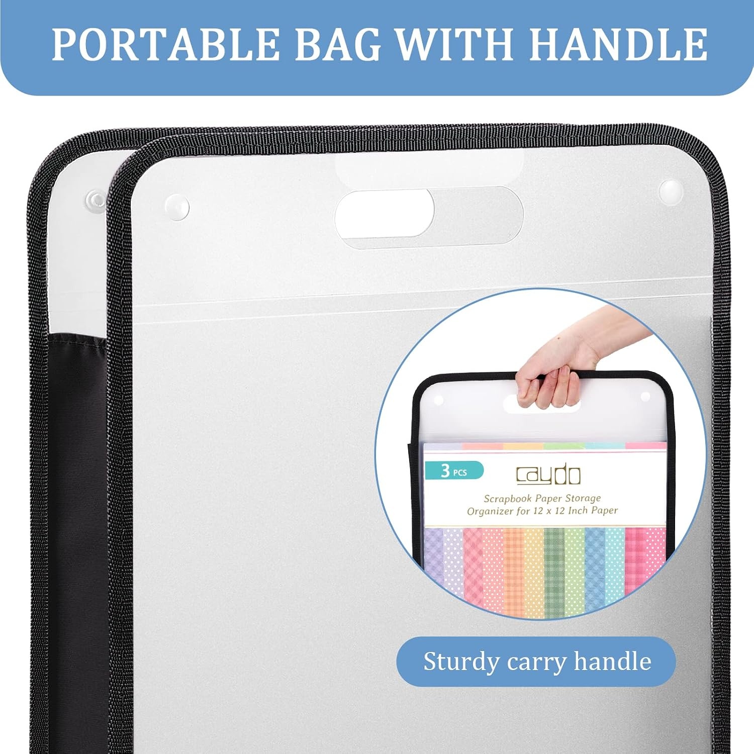 Caydo Scrapbook Paper Storage Organizer, Pink Expanding Paper Folio for 12 x 12 Sheets, Scrapbook Storage with Transparent Portable Handle for Holding Scrapbooking, Vinyl, Cardstock(Black)