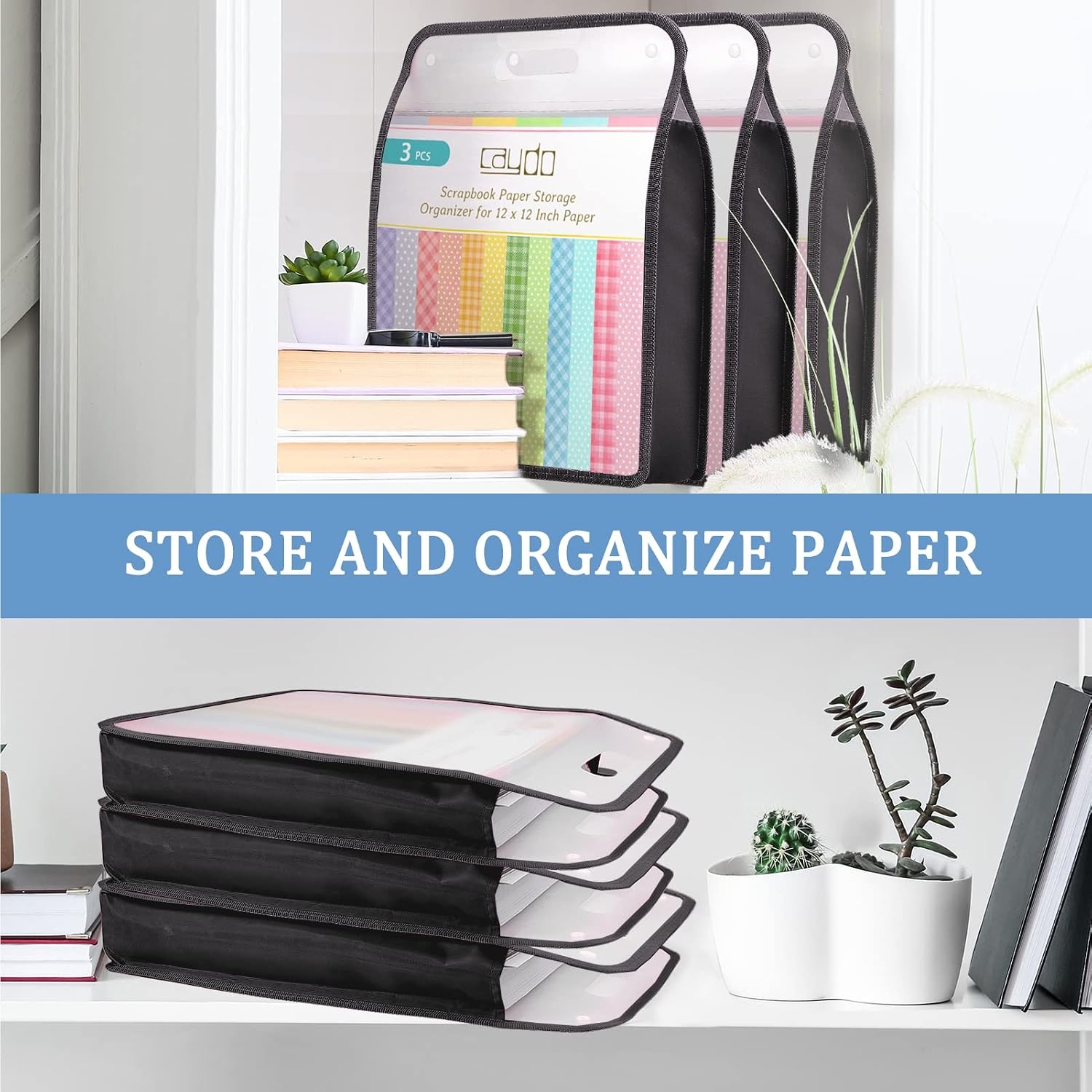 Caydo Scrapbook Paper Storage Organizer, Pink Expanding Paper Folio for 12 x 12 Sheets, Scrapbook Storage with Transparent Portable Handle for Holding Scrapbooking, Vinyl, Cardstock(Black)