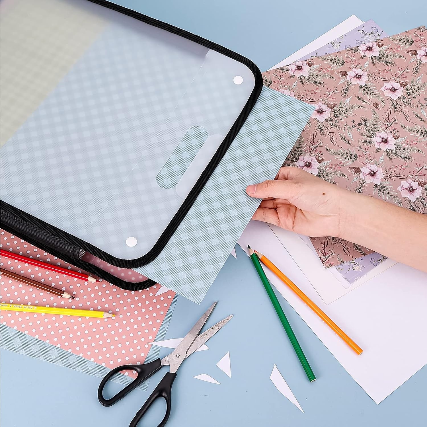 Caydo Scrapbook Paper Storage Organizer, Pink Expanding Paper Folio for 12 x 12 Sheets, Scrapbook Storage with Transparent Portable Handle for Holding Scrapbooking, Vinyl, Cardstock(Black)