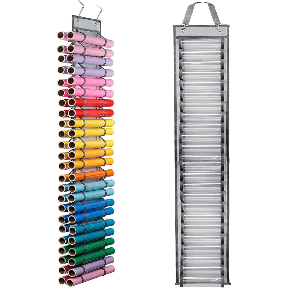 Caydo Vinyl Roll Holder with 48 Compartment, Hooks and Strap, Double Side Wall Mounting Vinyl Roll Storage Organizer for Gift Wrap, Craft Paper for Home Closet (Double Sided)