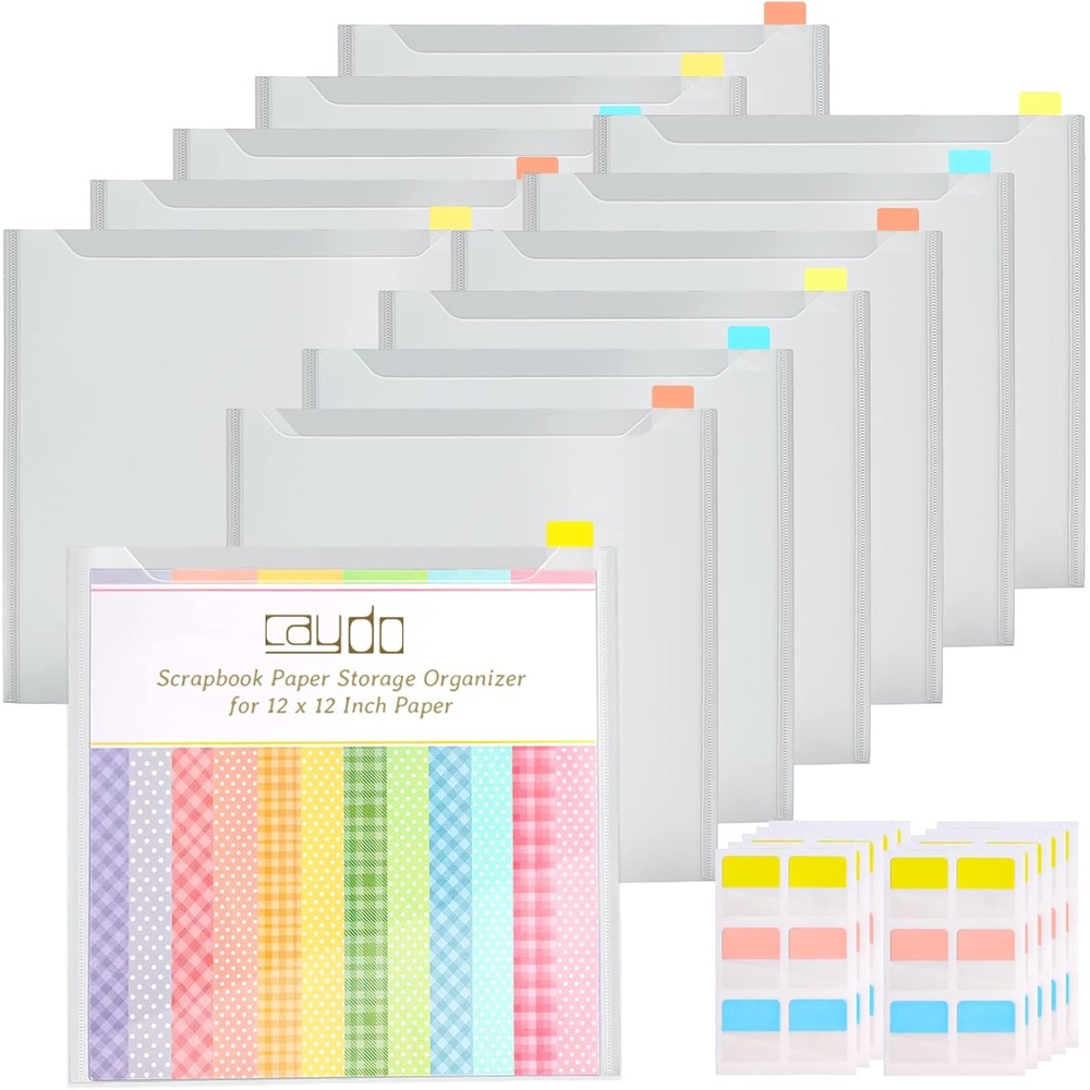 Caydo 12 Pieces Scrapbook Paper Storage with Sticky Index Tabs for Holding 12 x 12 Inch Scrapbooking, Cardstock, Vinyl Paper, Photos and File(12)