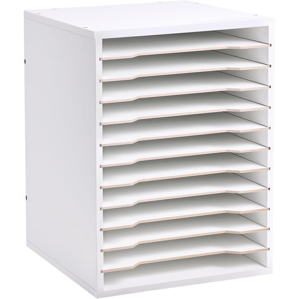 Caydo 15 Slot Paper Organizer Storage, Wood Adjustable Shelves Paper Storage Shelf with Extraction Slot for 12x12Inch Scrapbooks, Heat Transfer Papers, Files, Vinyl for Office, Home (White)(12 Slot 8.5″ x 11″)
