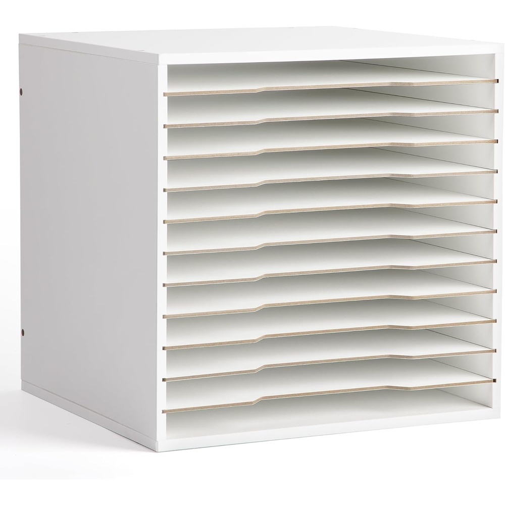 Caydo 15 Slot Paper Organizer Storage, Wood Adjustable Shelves Paper Storage Shelf with Extraction Slot for 12x12Inch Scrapbooks, Heat Transfer Papers, Files, Vinyl for Office, Home (White)(12 Slot 12″ x 12″)
