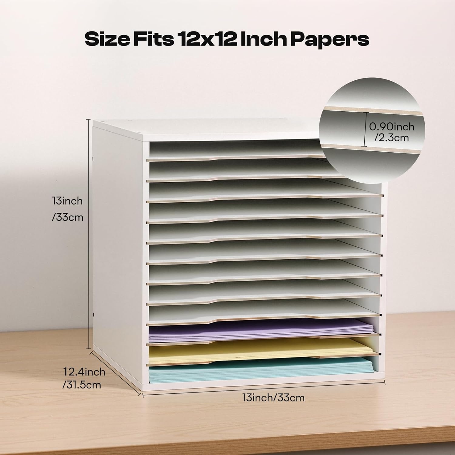 Caydo 15 Slot Paper Organizer Storage, Wood Adjustable Shelves Paper Storage Shelf with Extraction Slot for 12x12Inch Scrapbooks, Heat Transfer Papers, Files, Vinyl for Office, Home (White)(12 Slot 12″ x 12″)