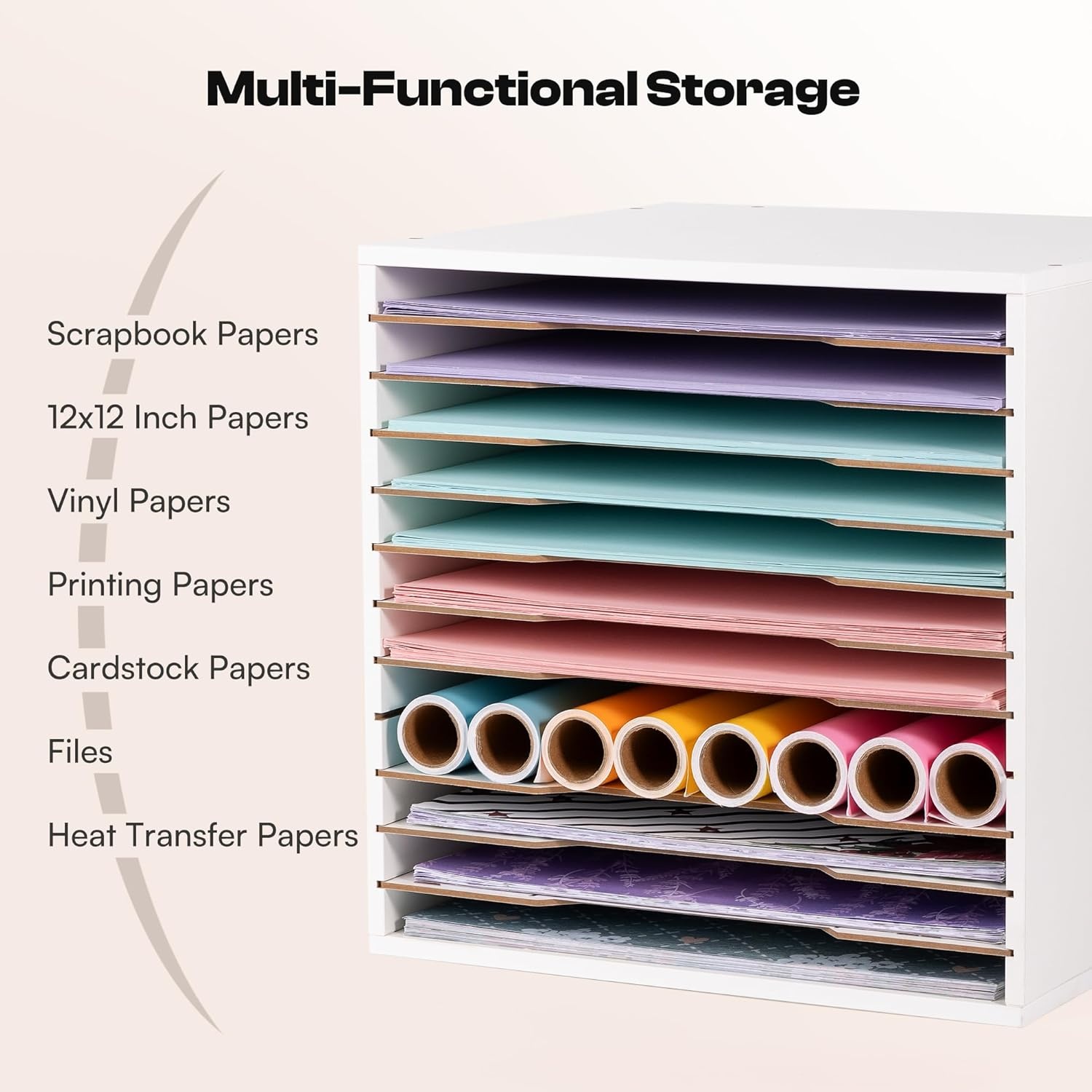 Caydo 15 Slot Paper Organizer Storage, Wood Adjustable Shelves Paper Storage Shelf with Extraction Slot for 12x12Inch Scrapbooks, Heat Transfer Papers, Files, Vinyl for Office, Home (White)(12 Slot 12″ x 12″)