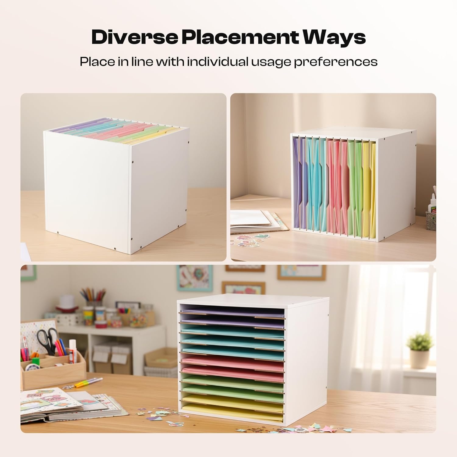 Caydo 15 Slot Paper Organizer Storage, Wood Adjustable Shelves Paper Storage Shelf with Extraction Slot for 12x12Inch Scrapbooks, Heat Transfer Papers, Files, Vinyl for Office, Home (White)(12 Slot 12″ x 12″)