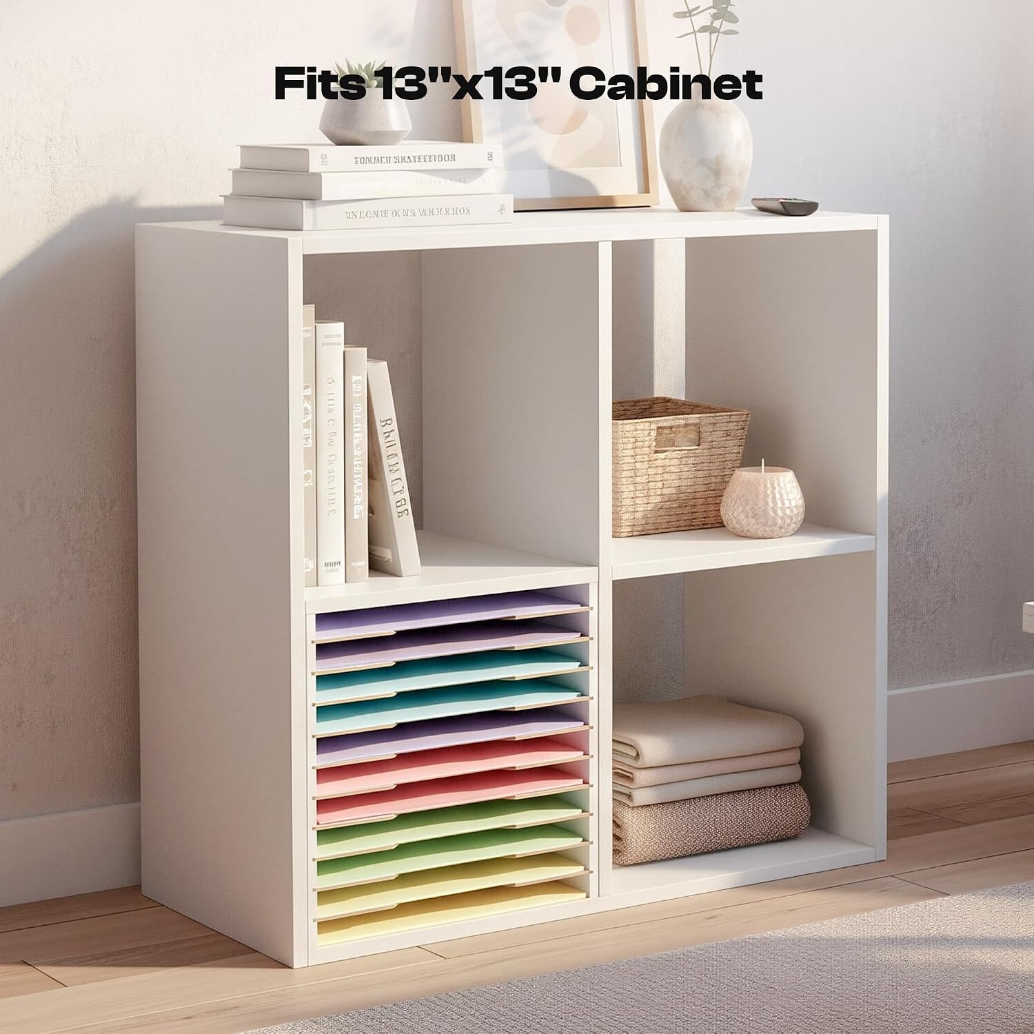 Caydo 15 Slot Paper Organizer Storage, Wood Adjustable Shelves Paper Storage Shelf with Extraction Slot for 12x12Inch Scrapbooks, Heat Transfer Papers, Files, Vinyl for Office, Home (White)(12 Slot 12″ x 12″)