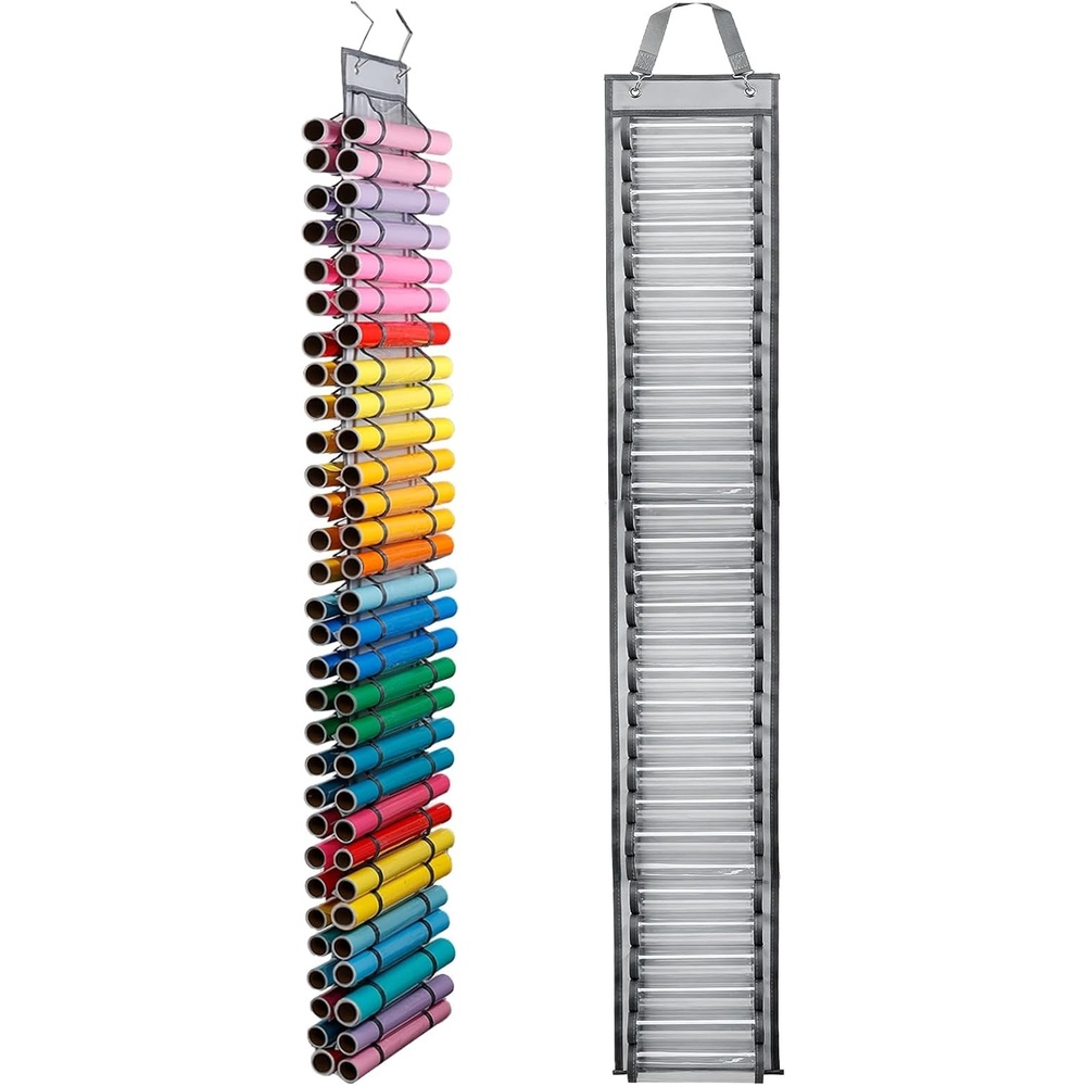Caydo Vinyl Roll Holder with 60 Compartment, Hooks and Strap, Double Side Wall Mounting Vinyl Roll Storage Organizer for Gift Wrap, Craft Paper for Home Closet (Double Sided)