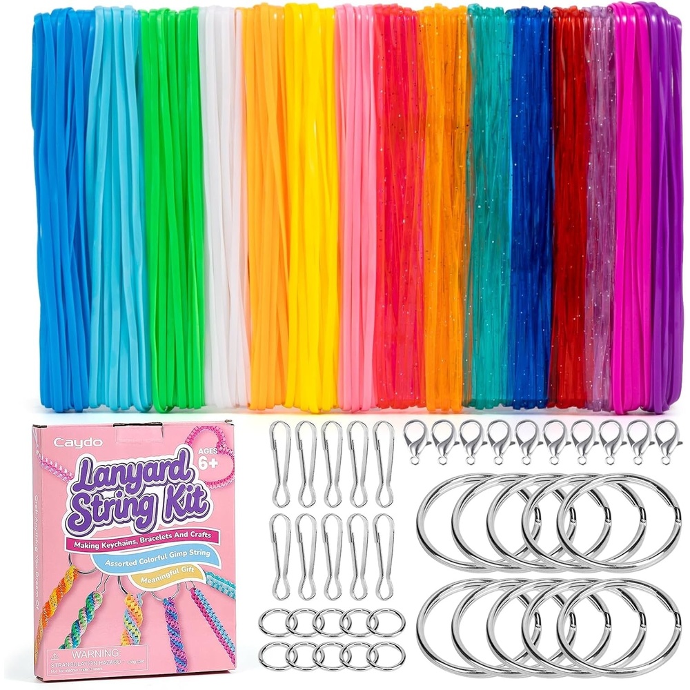 Caydo Plastic Lanyard String Kit, 15 Colors 2 Style Plastic String, Boondoggle String Kits with 40Pcs Key Chain Accessories and Instruction, Gimp String for Crafts, Keychain, Bracelet, Jewelry(15 Colors with Color Box)