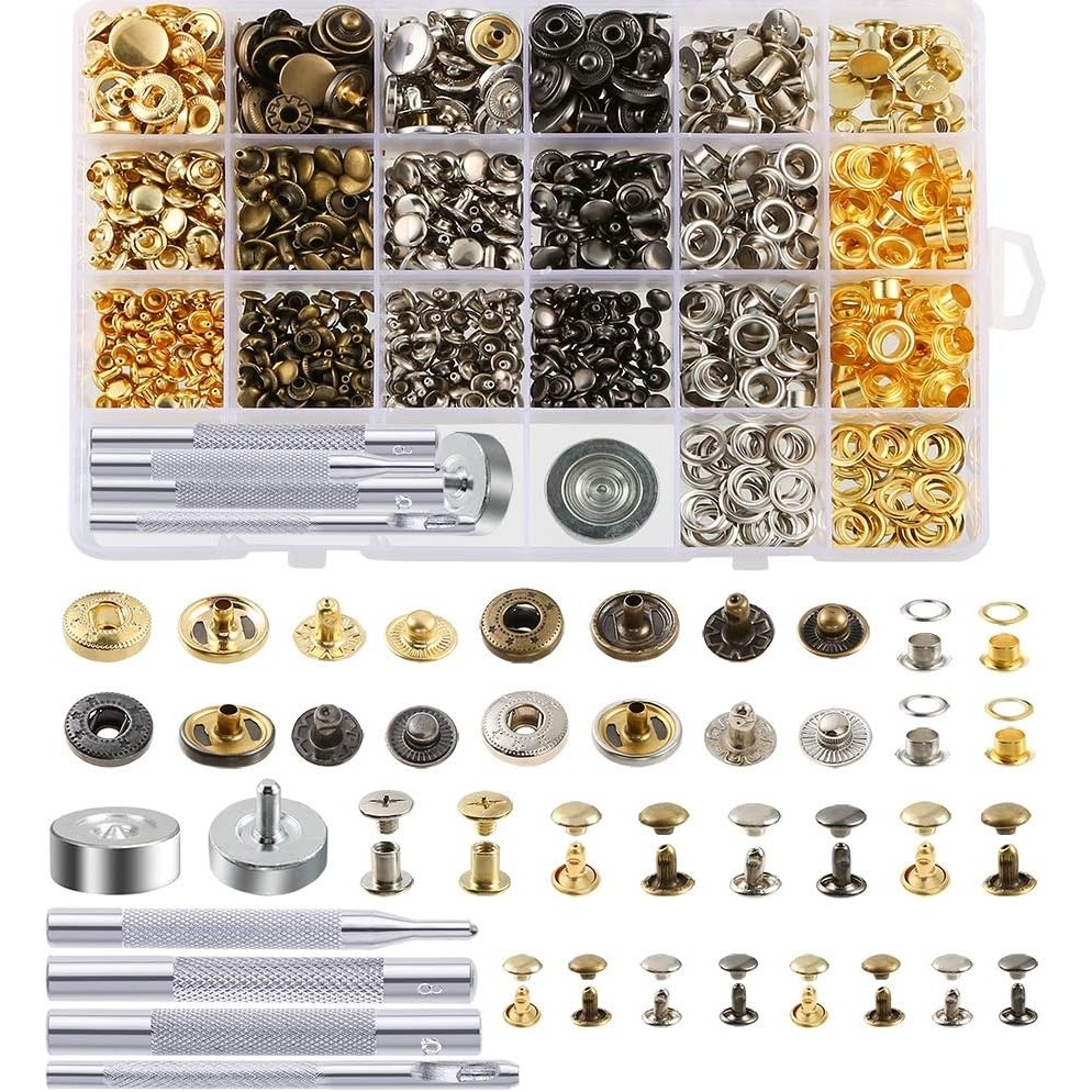Caydo 400 Set 4 Style Snap Fasteners Kit Including Leather Rivets, Eyelets, Grommets, Binding Screws, Snap Buttons Press Studs kit with Fixing Tools for Thin Leather, Jacket, Jeans Wear